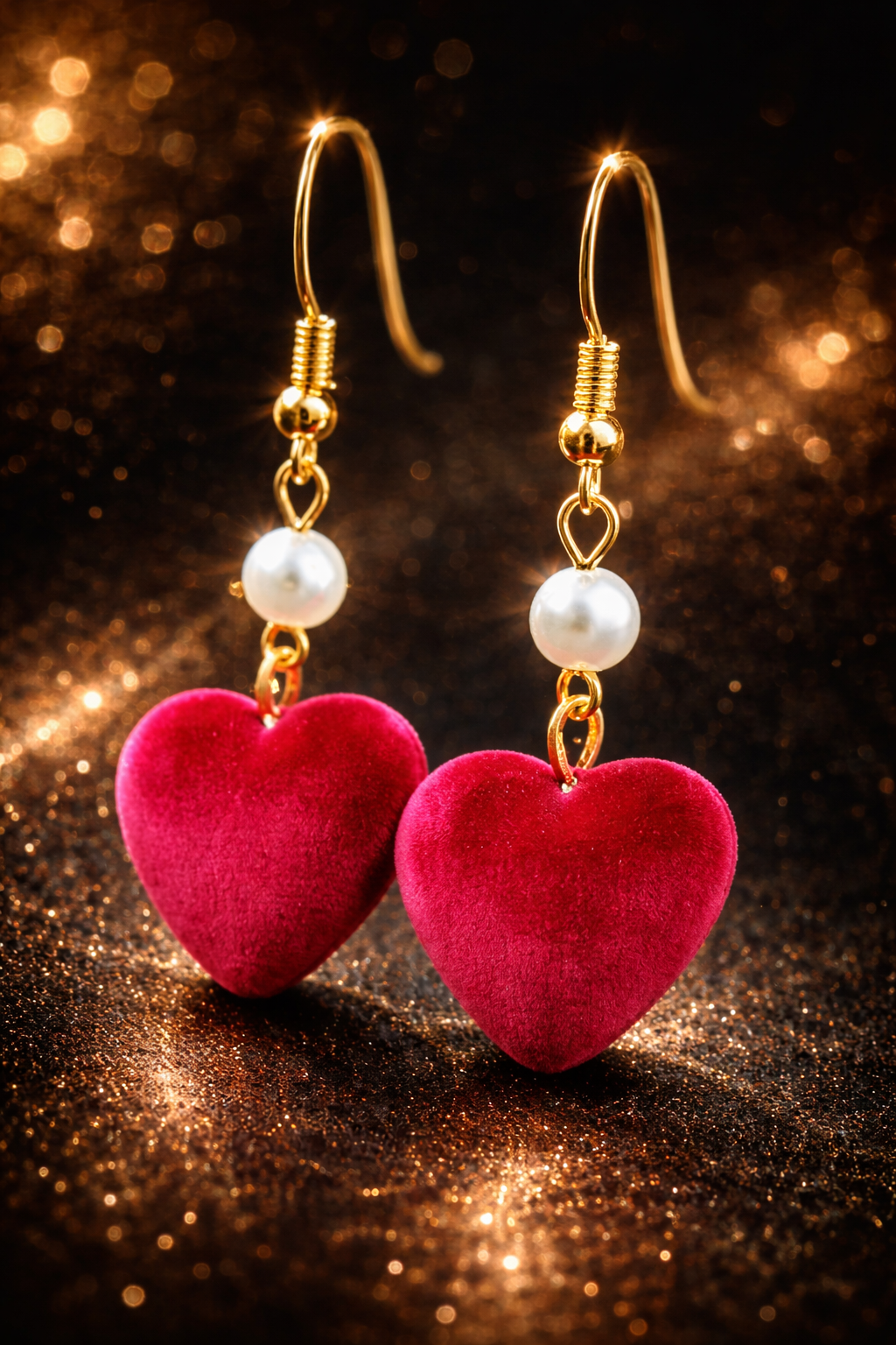Velvet Red Heart Pearl Drop Earrings | Elegant Gold Dangle Jewelry