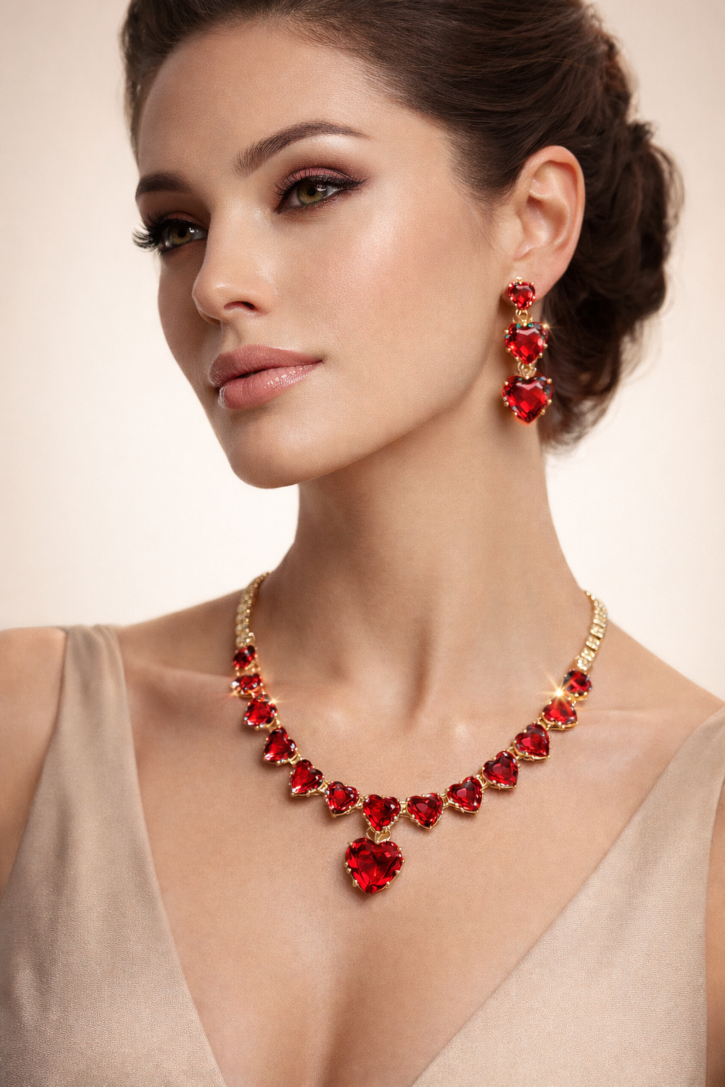 Valentine’s Heart Red Crystal Necklace Set – Romantic Gift with Matching Earrings