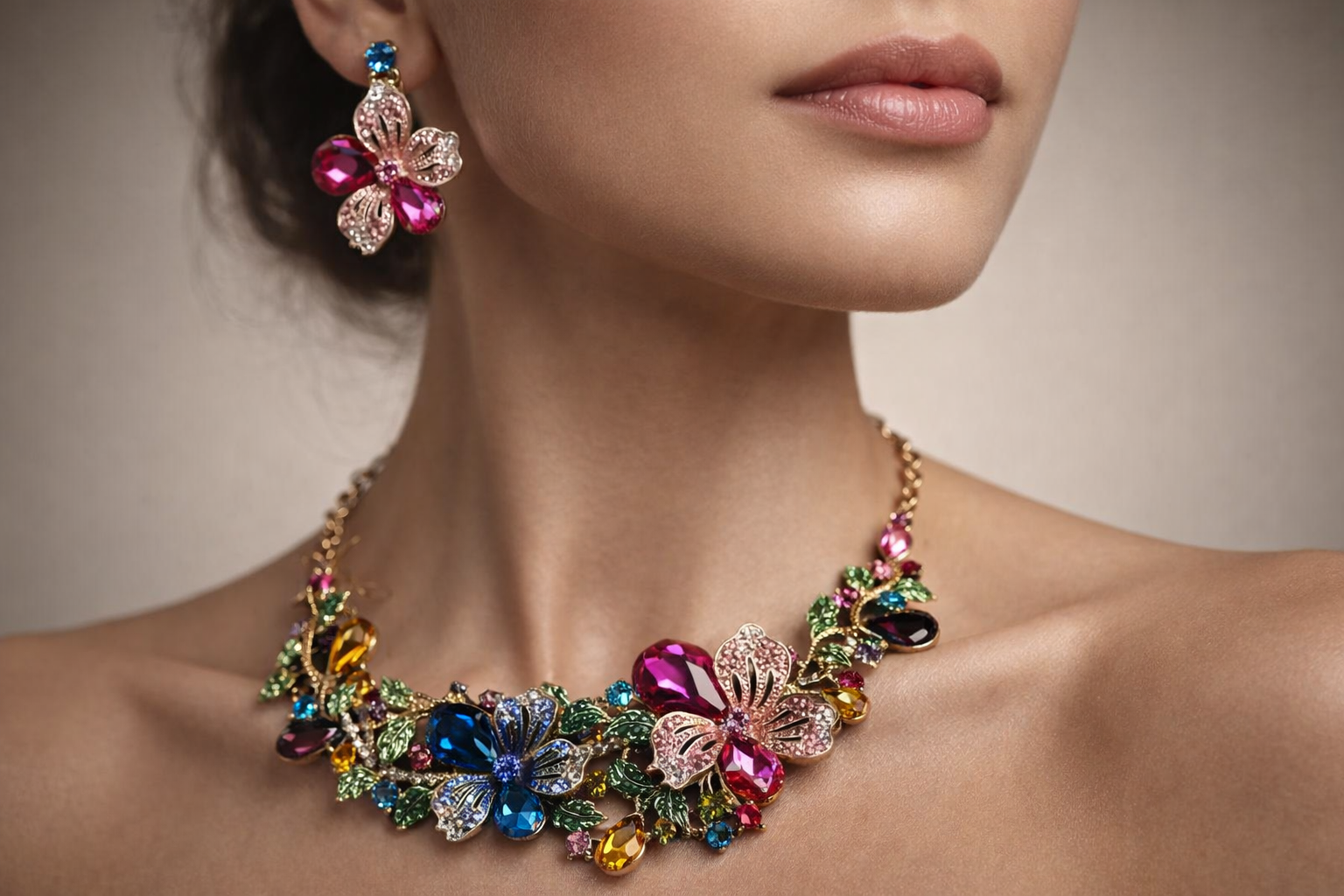 Floral Multicolor Crystal Statement Necklace & Earring Set