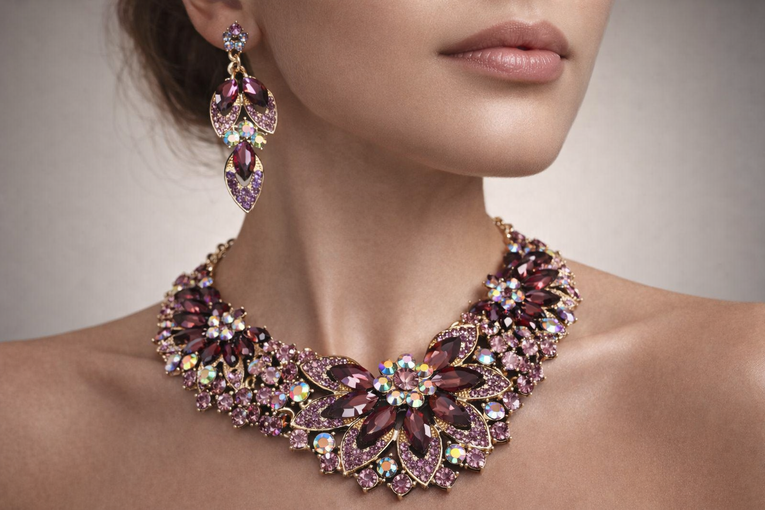 Royal Floral Purple Crystal Necklace Set with Matching Earrings