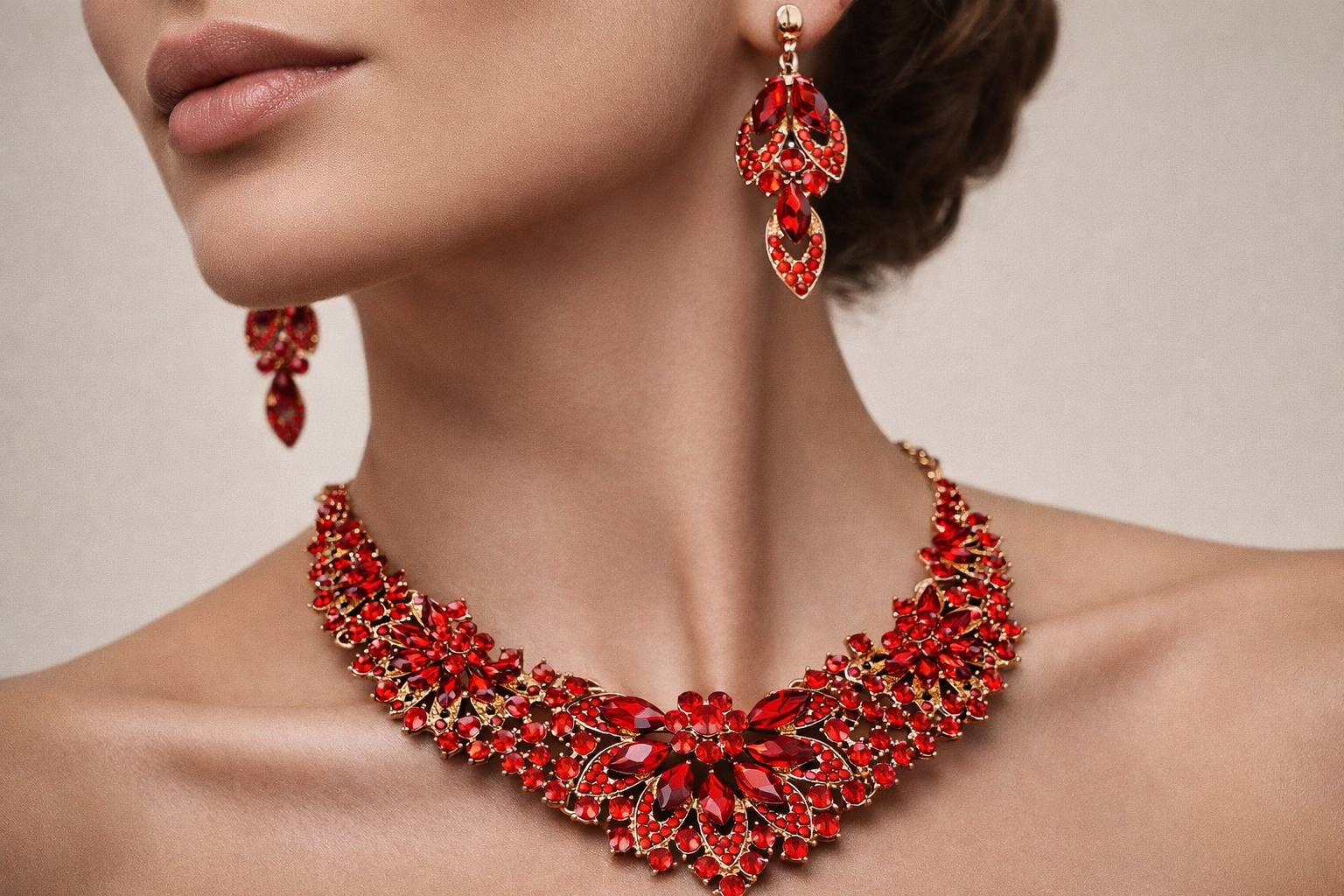 Luxury Gold-Plated Ruby Red Crystal Floral Necklace Set with Earrings