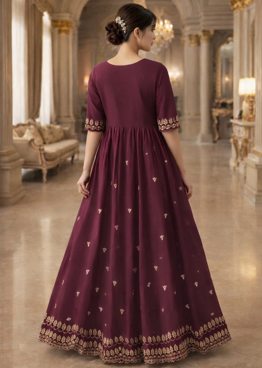 Royal Grape Gold-Embroidered Anarkali Dress – Premium Ethnic Luxury Wear