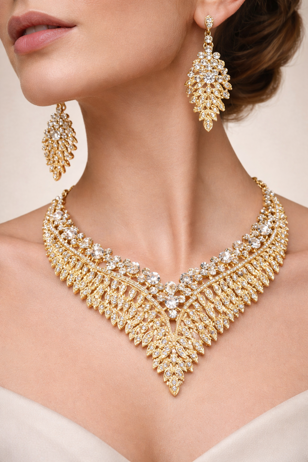 Luxury Gold-Plated Crystal Leaf Necklace Set with Earrings