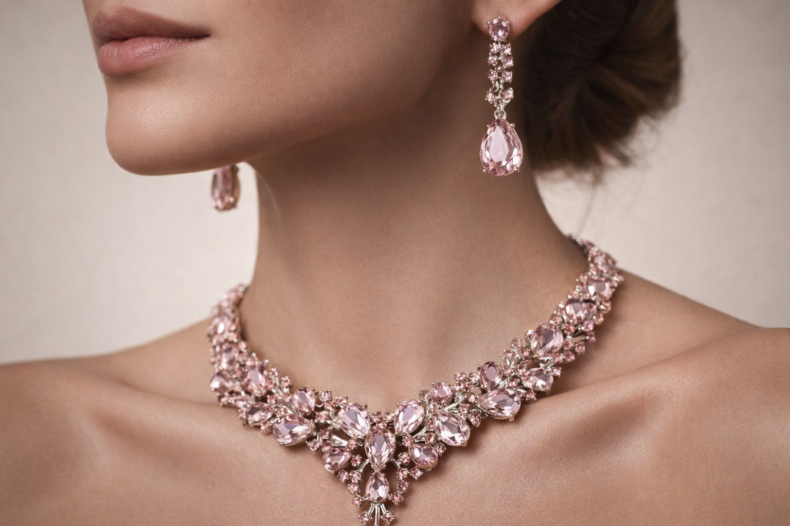 Blush Pink Crystal Luxury Necklace Set with Drop Earrings – Elegant Bridal & Party Jewelry