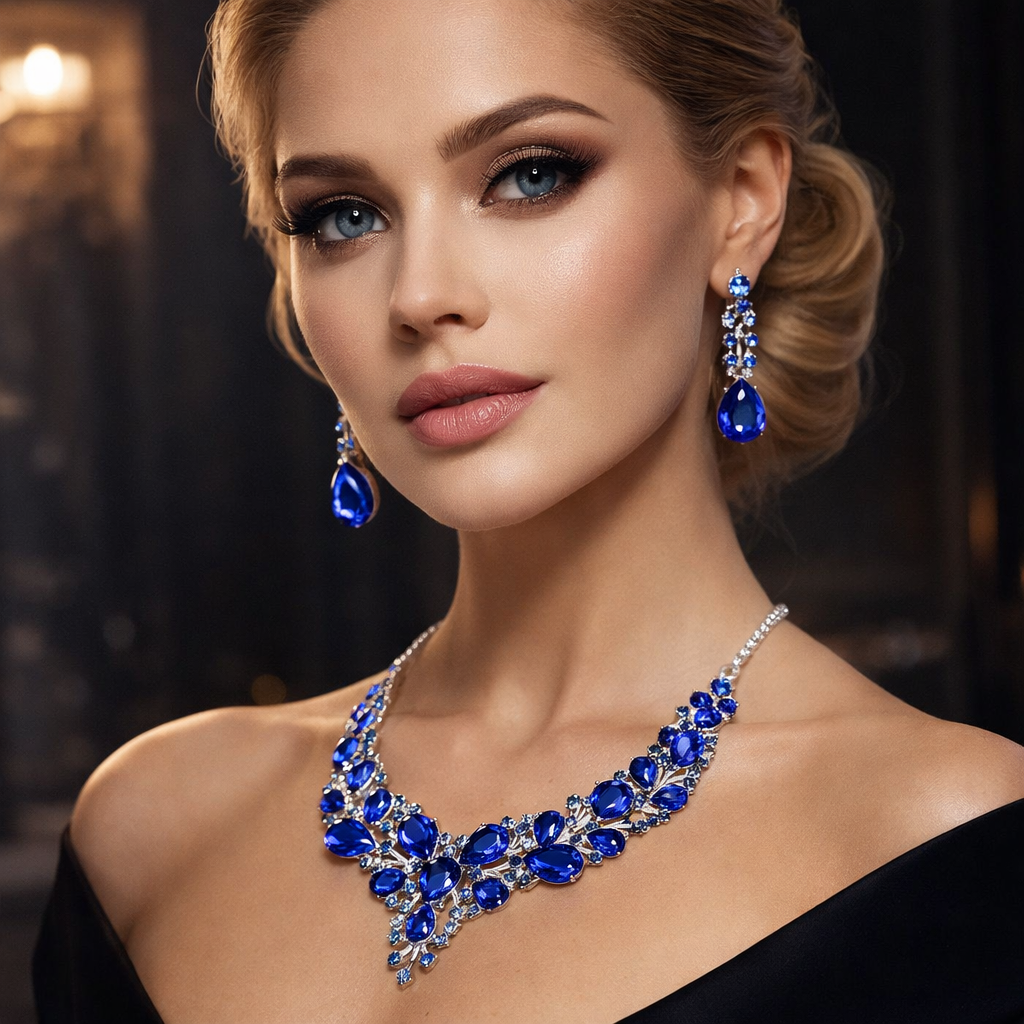 Royal Blue Sapphire Crystal Necklace Set with Drop Earrings – Luxury Bridal & Evening Jewelry