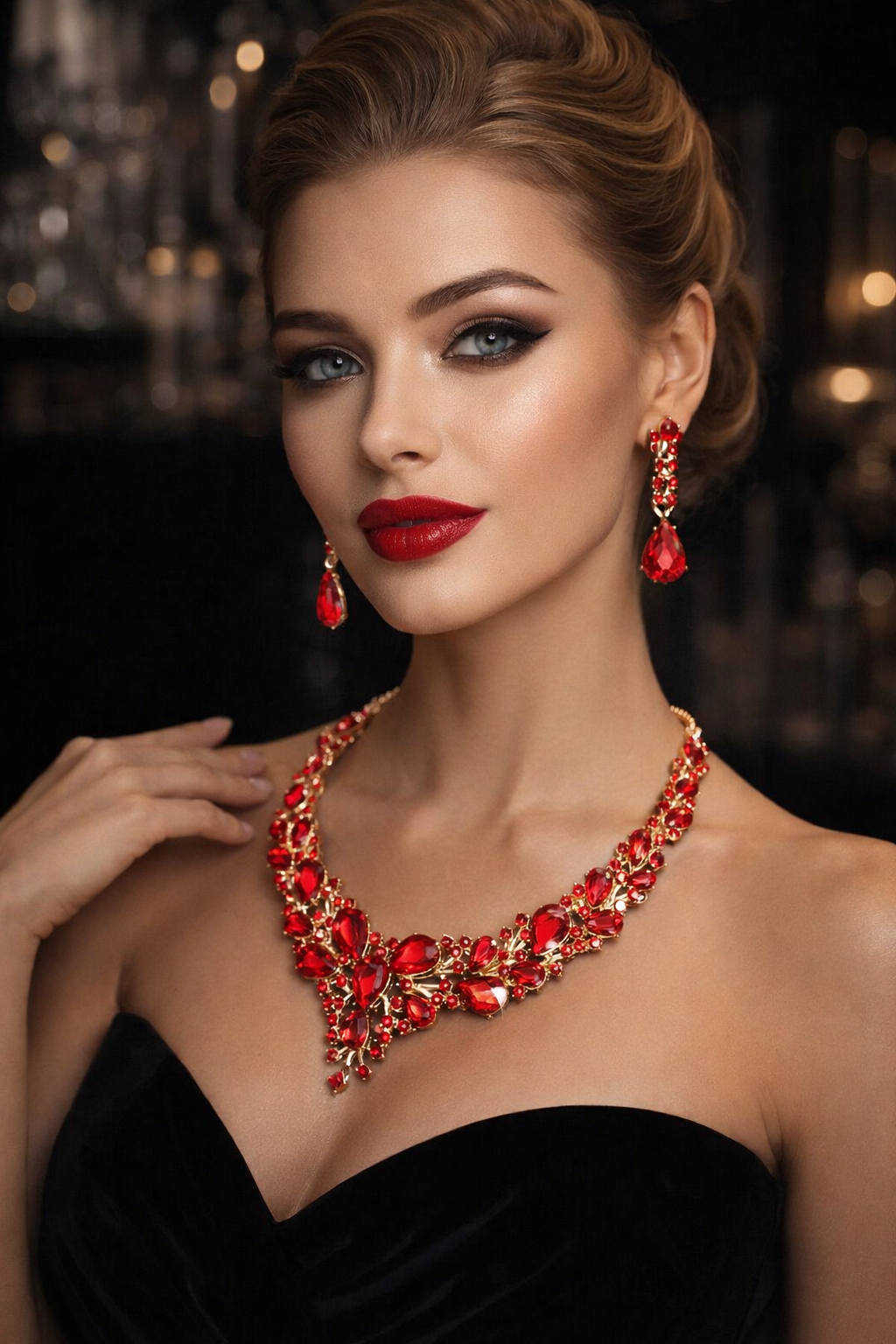 Royal Ruby Crystal Statement Necklace Set with Drop Earrings – Luxury Bridal & Party Jewelry