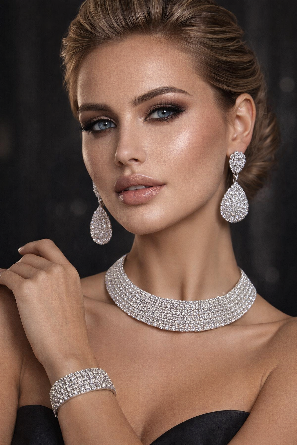 Luxury Crystal Choker Necklace Set with Teardrop Earrings & Bracelet – Luxury Bridal & Party Jewelry
