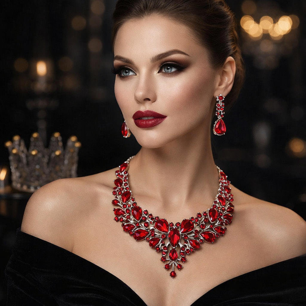 Premium Royal Red Crystal Bridal Necklace Set with Statement Drop Earrings – Luxury Wedding & Party Jewelry