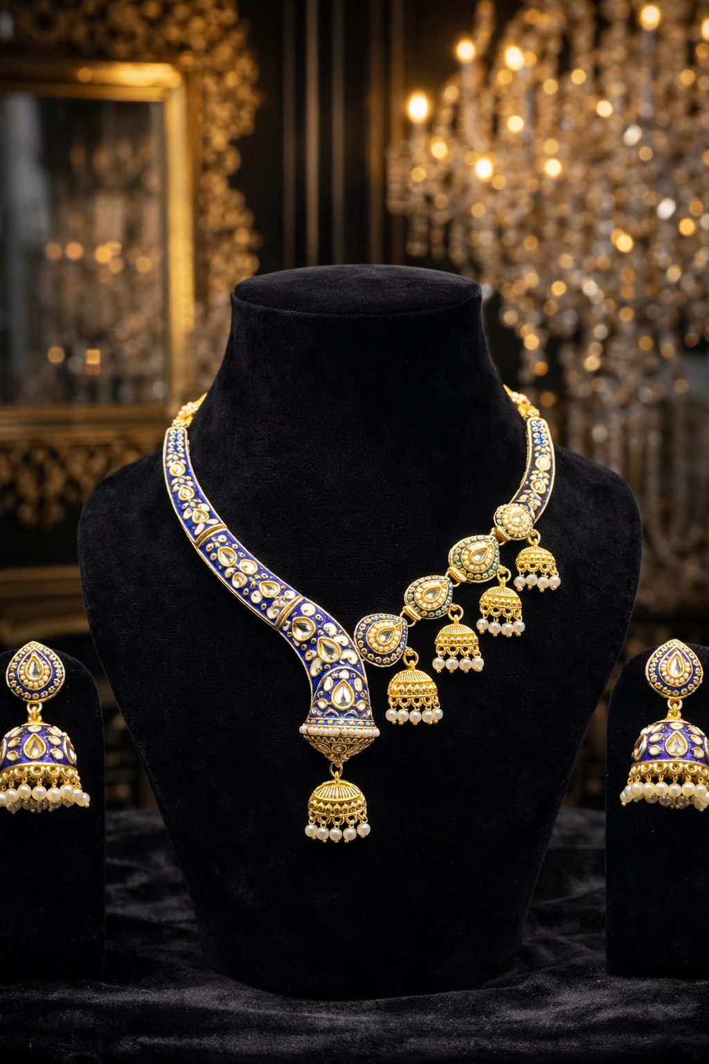Premium Gold Tone Designer Blue Enamel Necklace Set with Pearl Drops