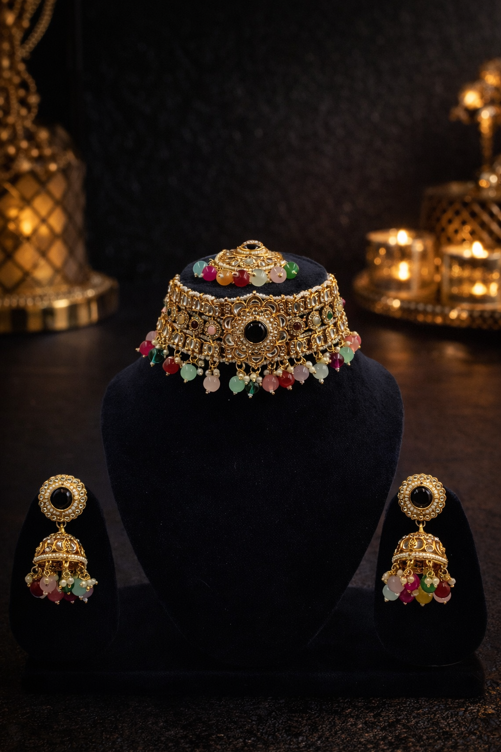 Royal Gold Tone Kundan Choker Necklace Set with Jhumka Earrings & Maang Tikka