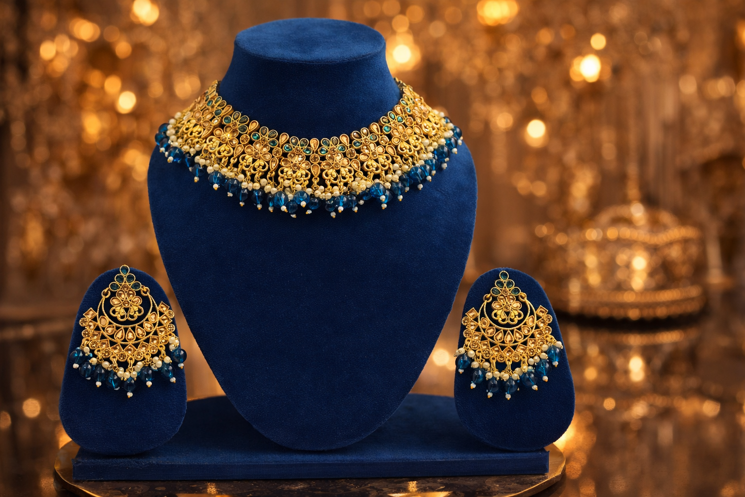 Premium Gold Tone Bridal Choker Necklace Set with Blue Stone Detailing