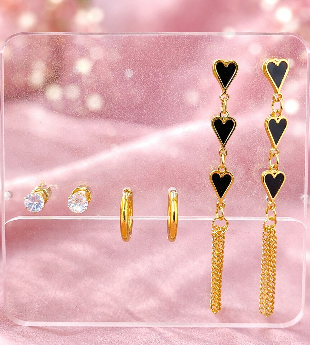Midnight Heart Gold 3-Pair Earring Collection
