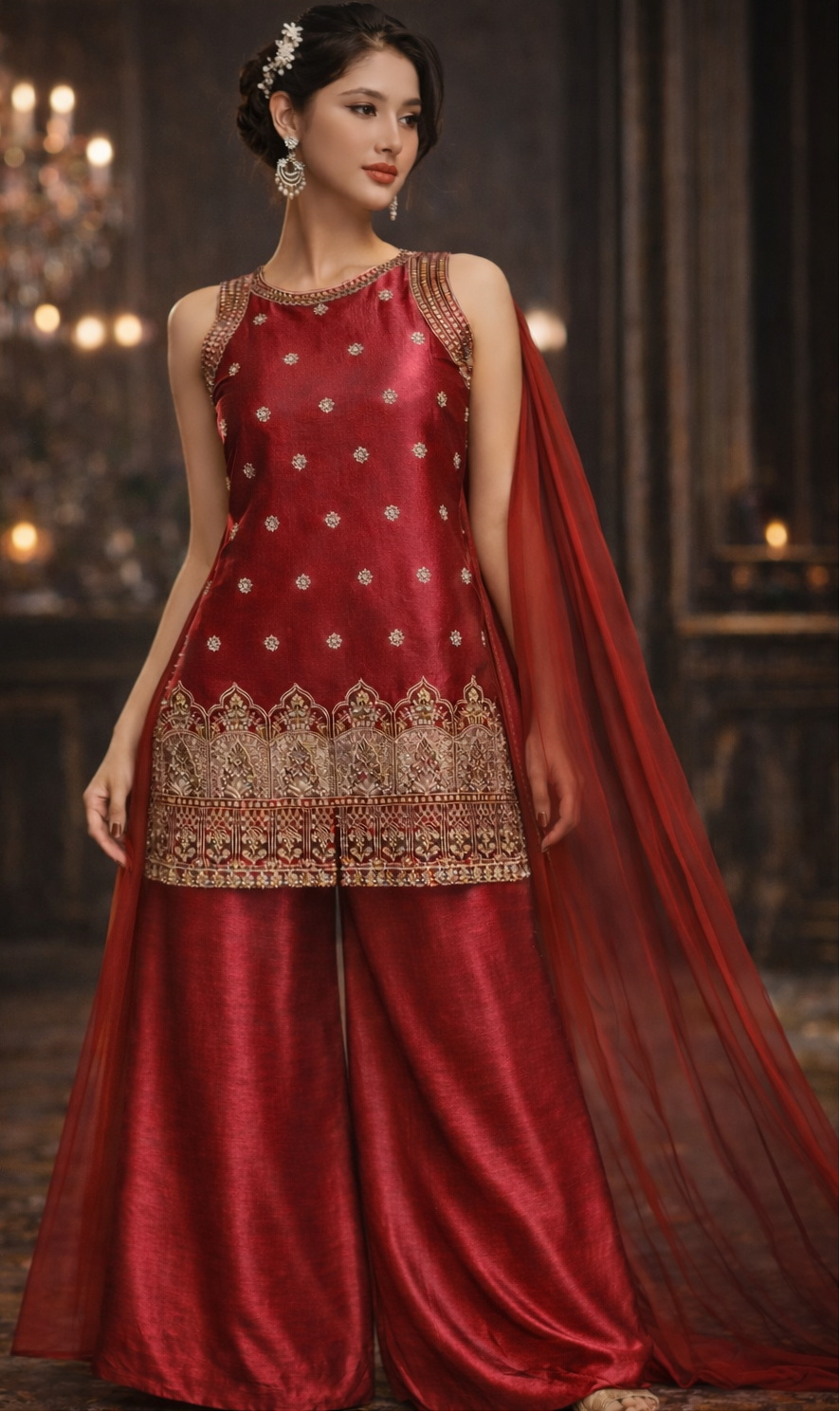 Crimson Red Designer Palazzo Set with Net Dupatta