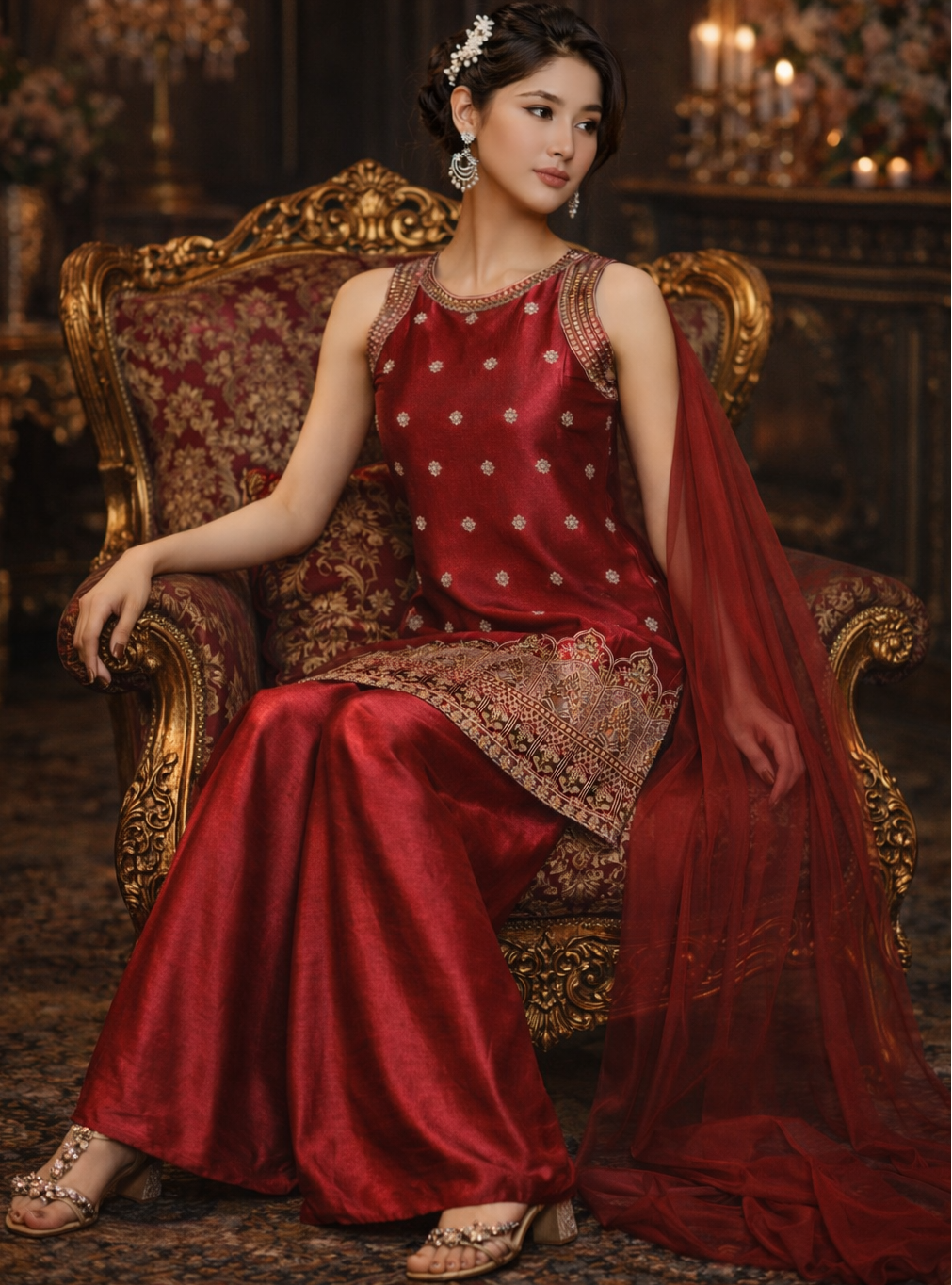 Crimson Red Designer Palazzo Set with Net Dupatta