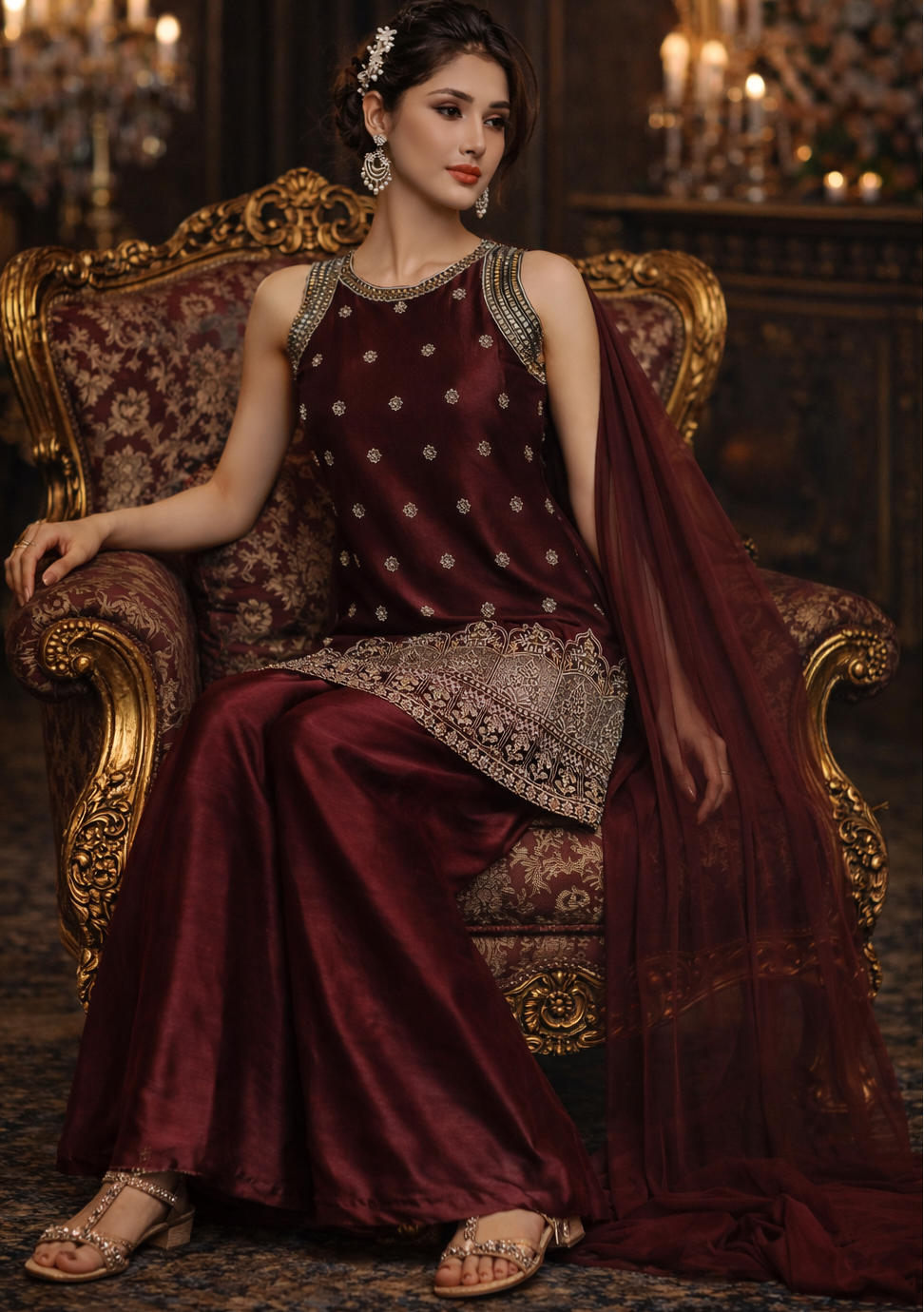 Wine Maroon Designer Palazzo Set with Net Dupatta
