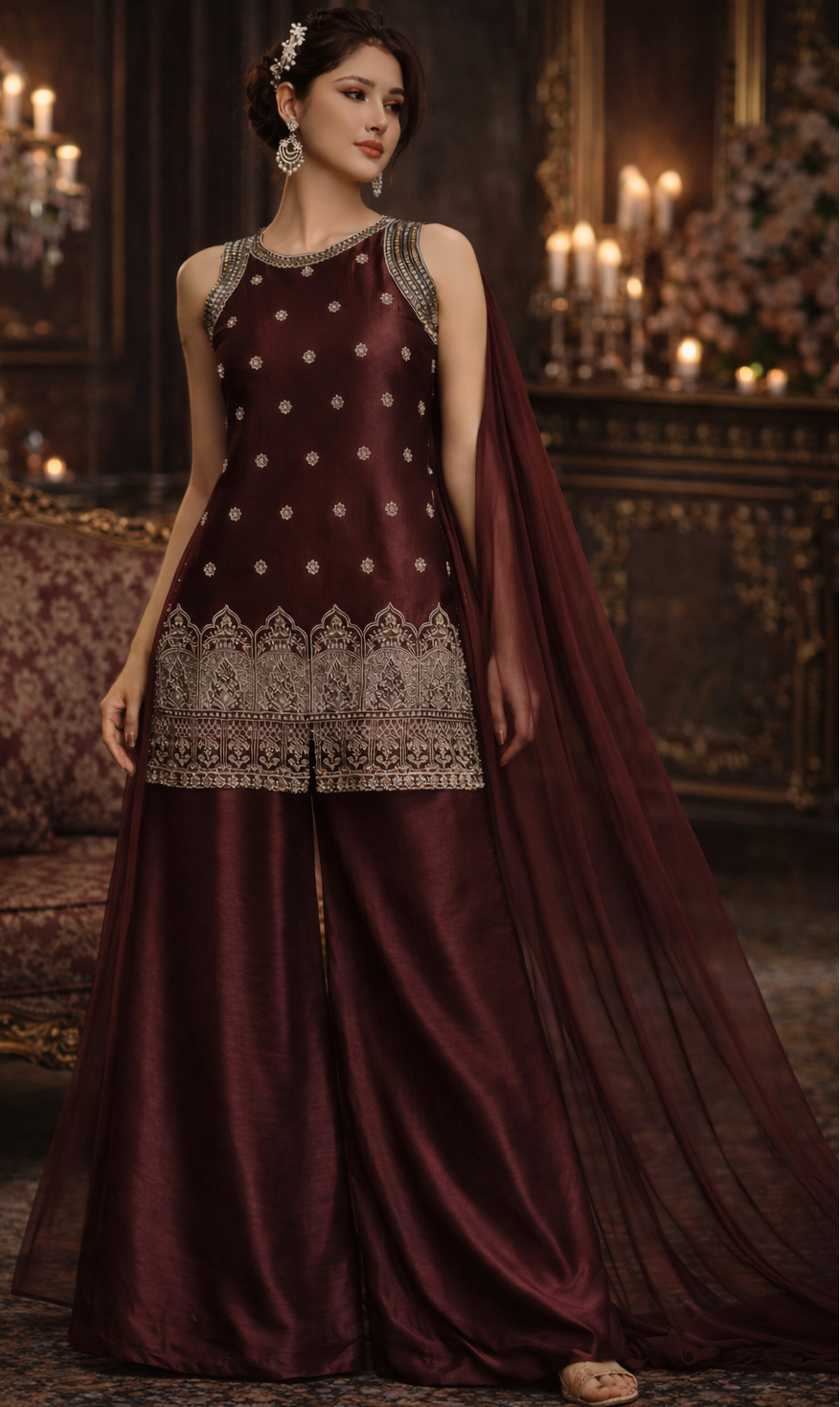 Wine Maroon Designer Palazzo Set with Net Dupatta