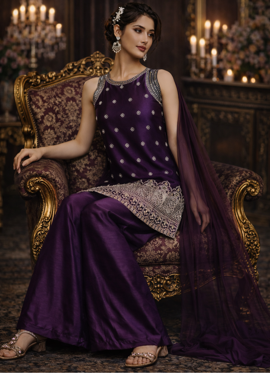 Royal Purple Designer Palazzo Set with Net Dupatta