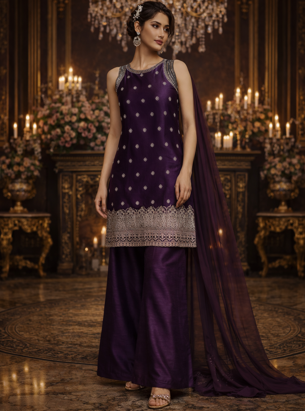 Royal Purple Designer Palazzo Set with Net Dupatta