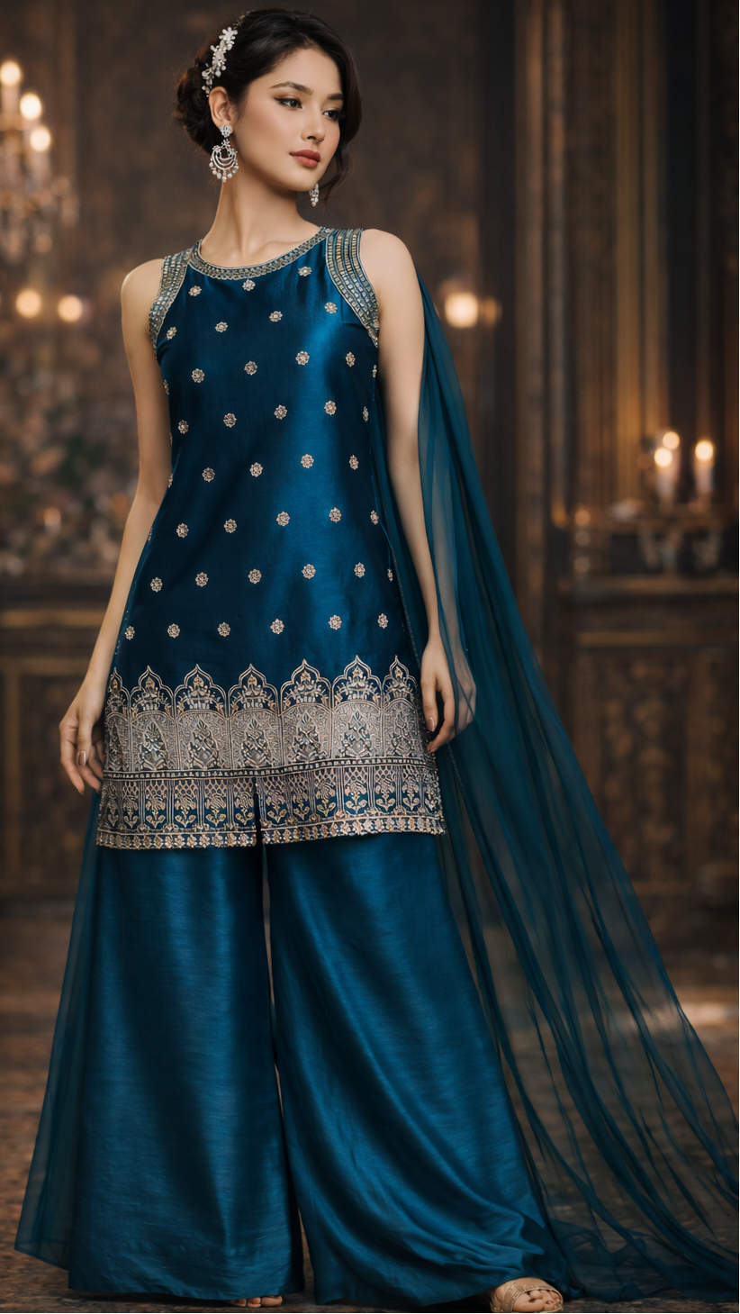 Teal Blue Designer Palazzo Set with Net Dupatta