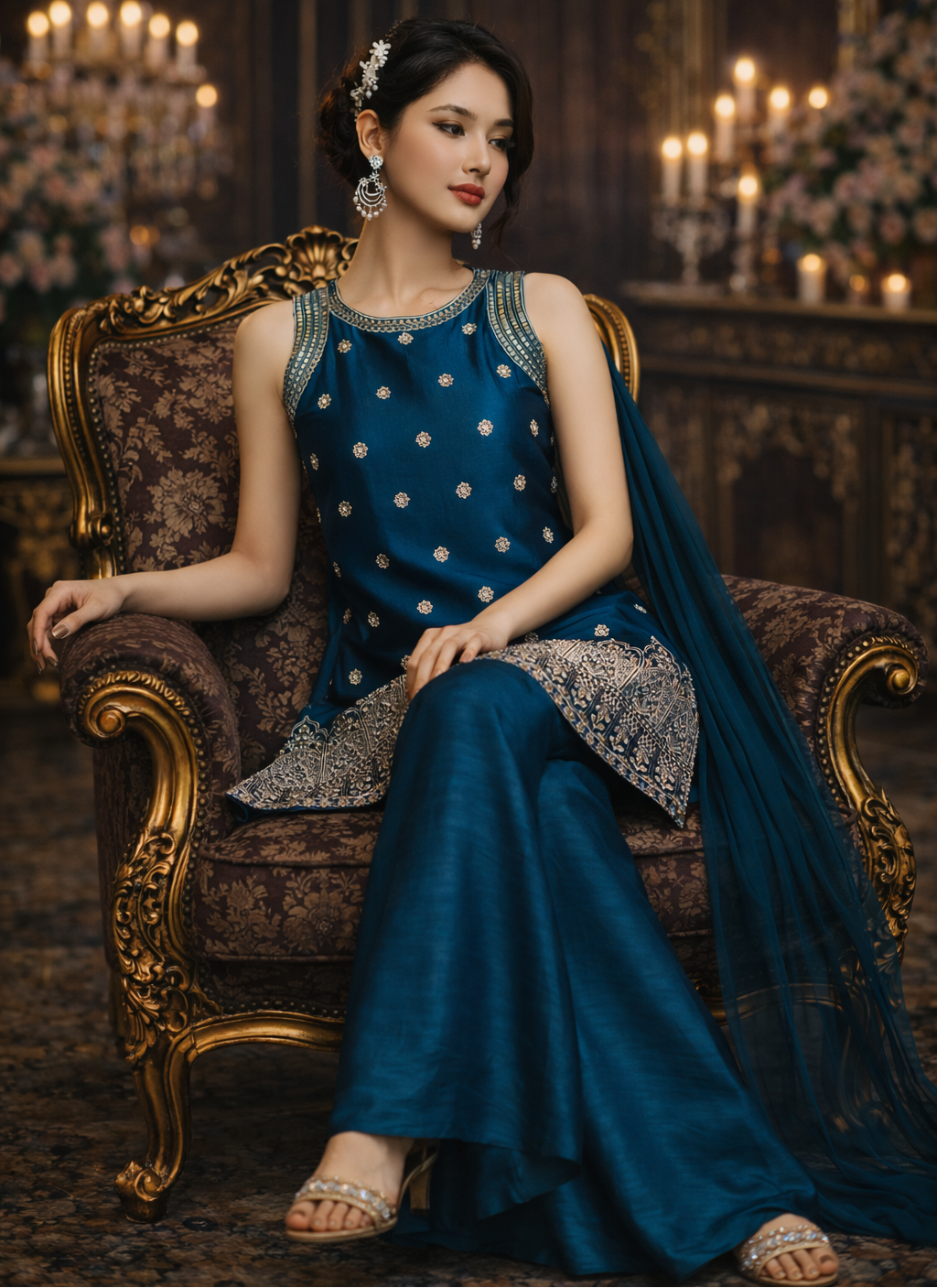 Teal Blue Designer Palazzo Set with Net Dupatta