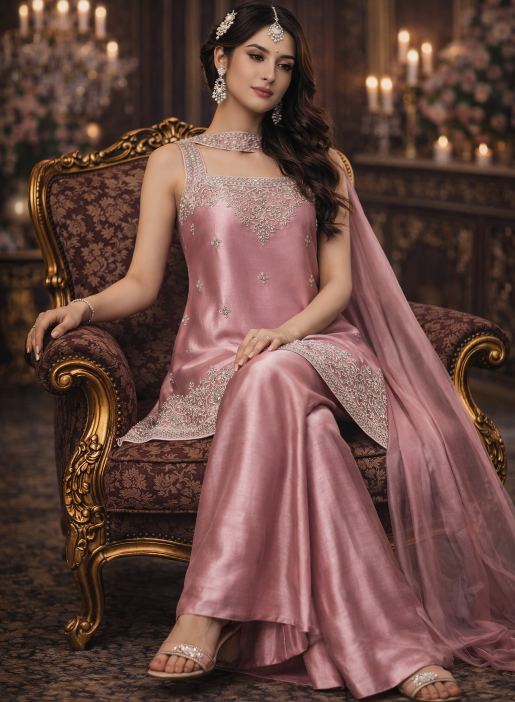 Rose Pink Designer Palazzo Set with Net Dupatta