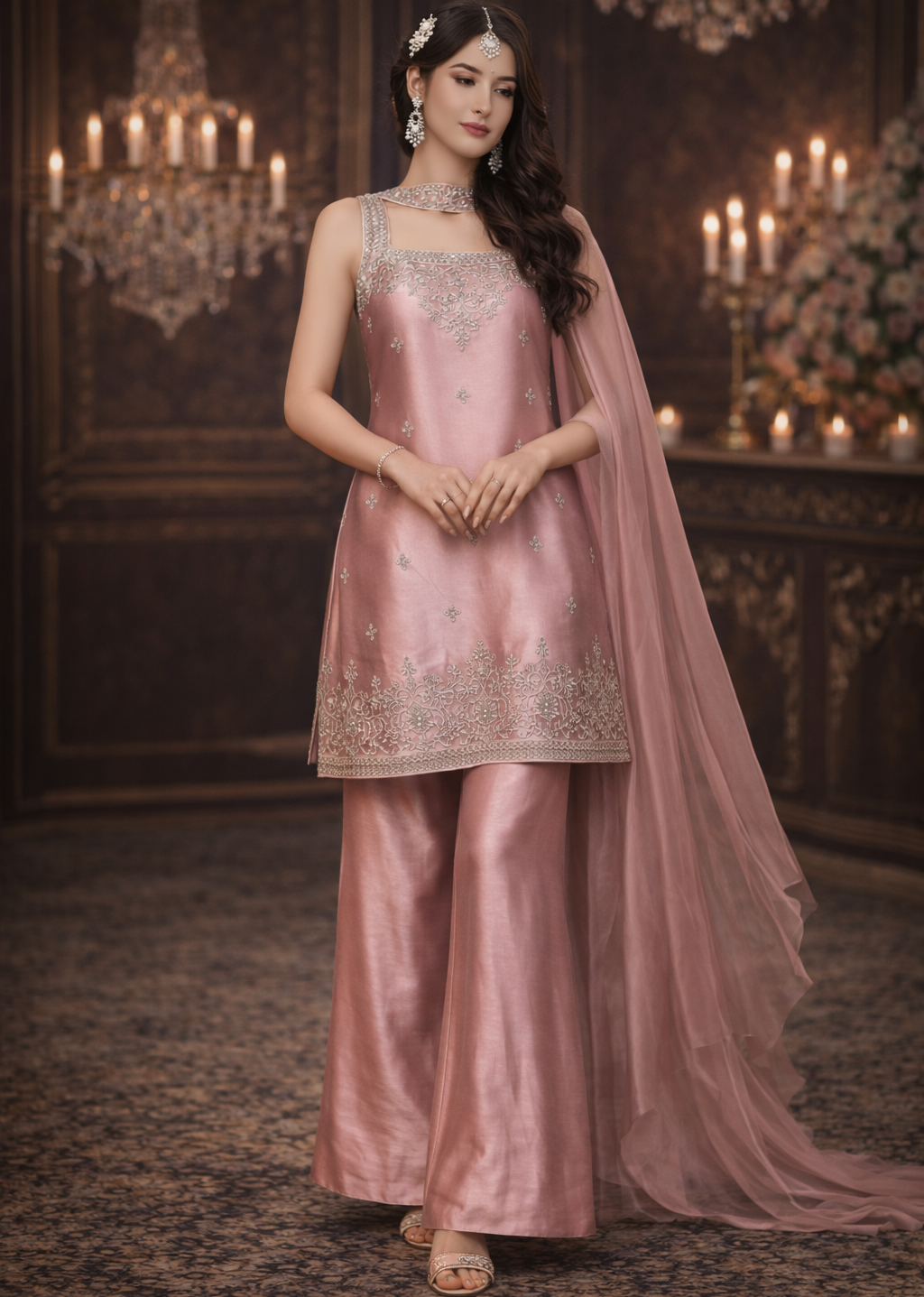 Rose Pink Designer Palazzo Set with Net Dupatta