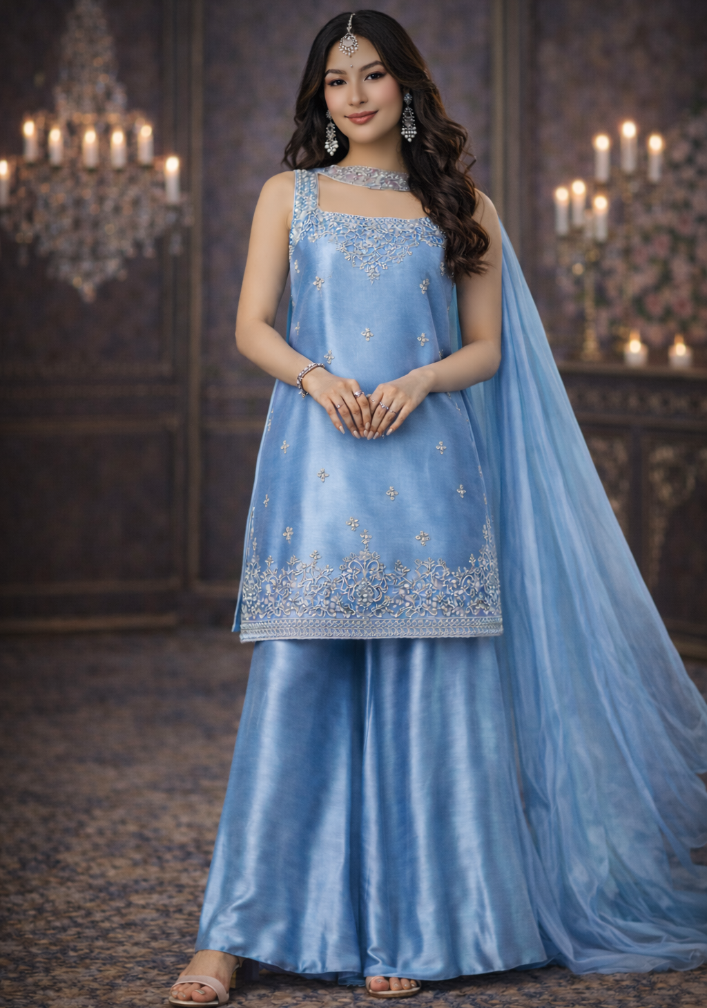 Sky Blue Designer Palazzo Set with Net Dupatta