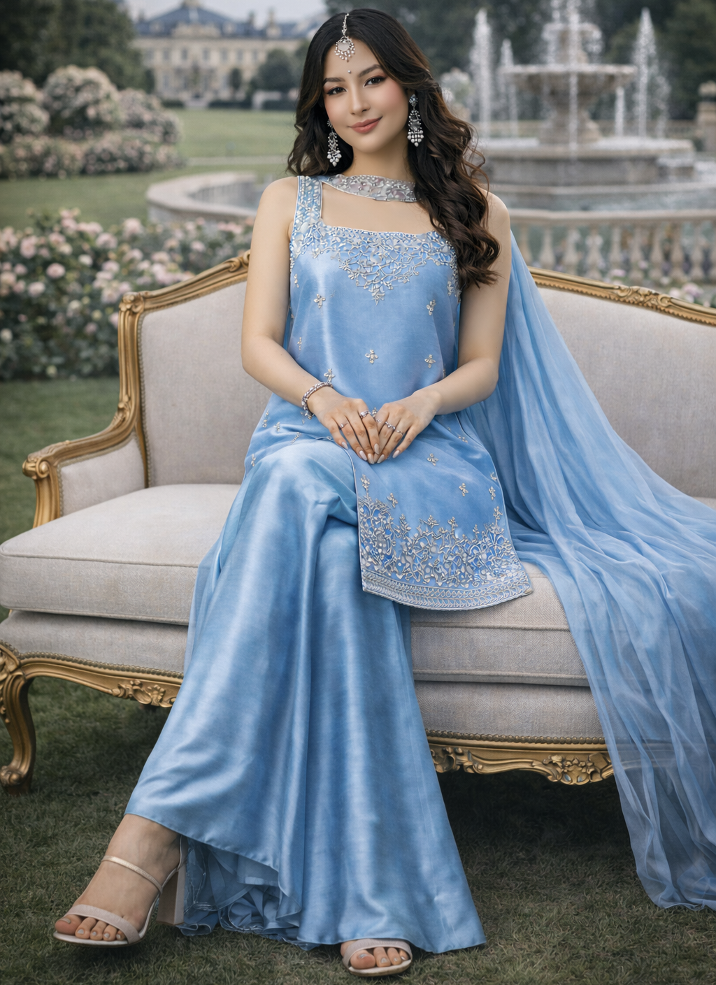 Sky Blue Designer Palazzo Set with Net Dupatta