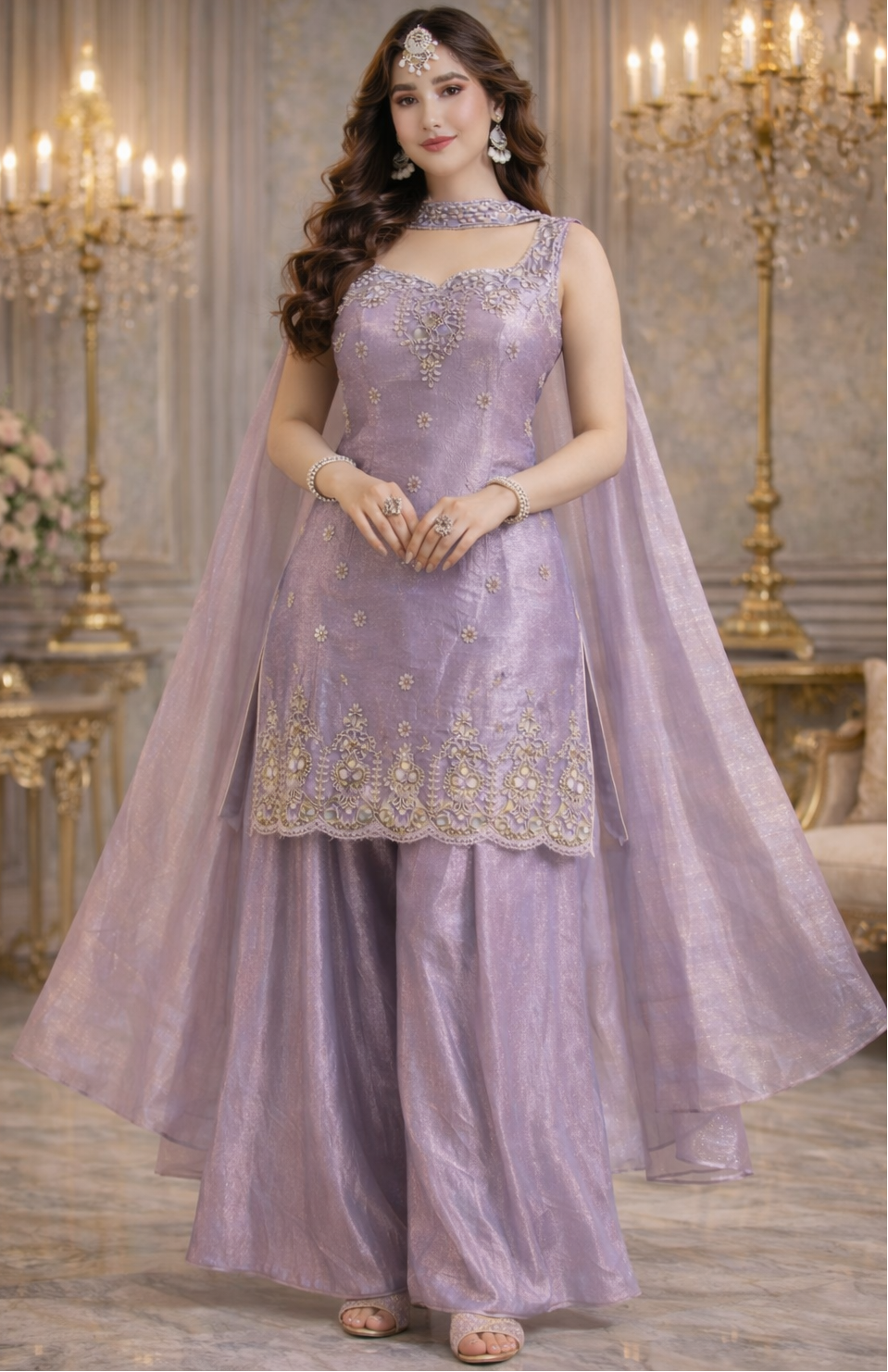 Lavender Silk Designer Palazzo Suit Set with Organza Dupatta