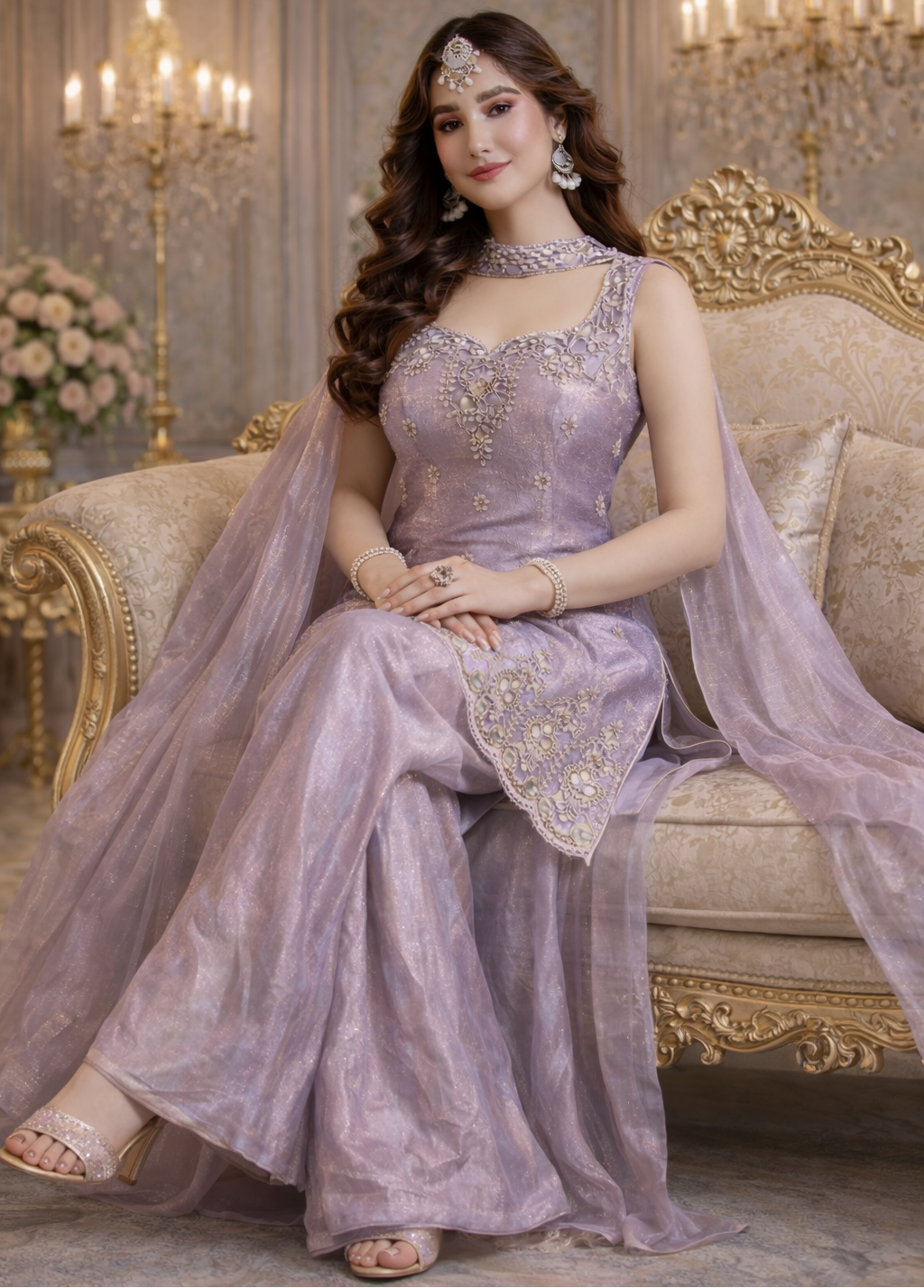 Lavender Silk Designer Palazzo Suit Set with Organza Dupatta