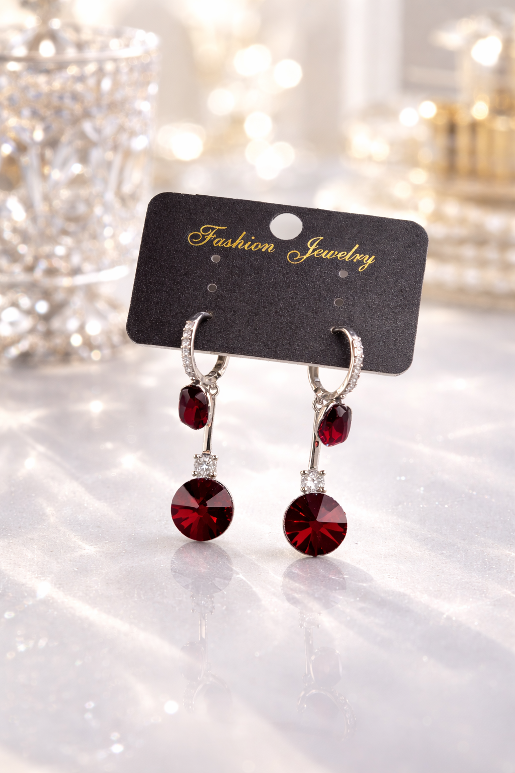 Royal Ruby Crystal Drop Hoop Earrings
