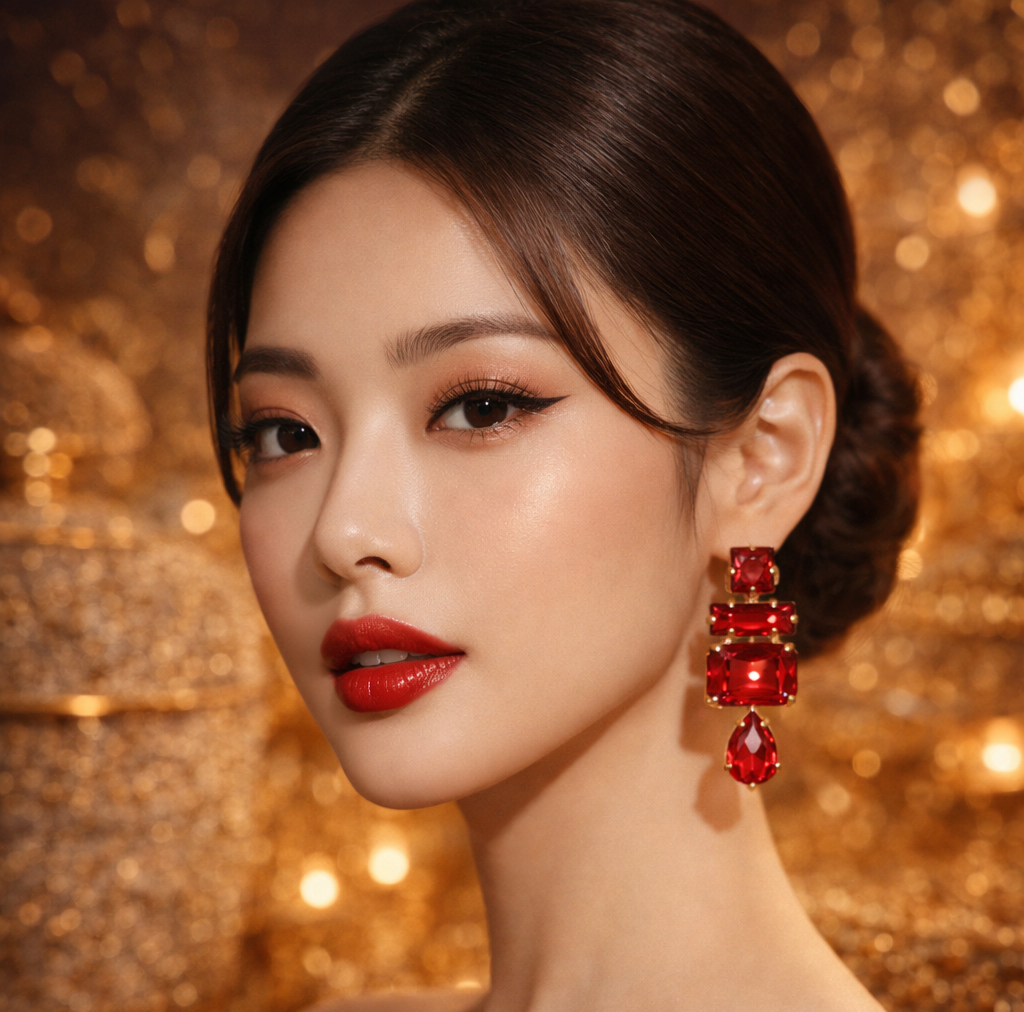 Luxury Ruby Red Crystal Drop Earrings – Gold Plated Statement Party Jewelry for Women