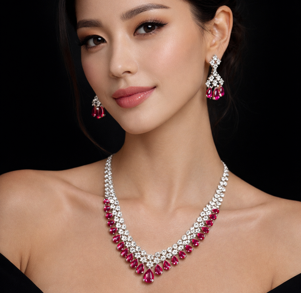 Radiant Ruby Pink Drop Necklace Set with Matching Earrings – Premium Luxury Party & Bridal Collection