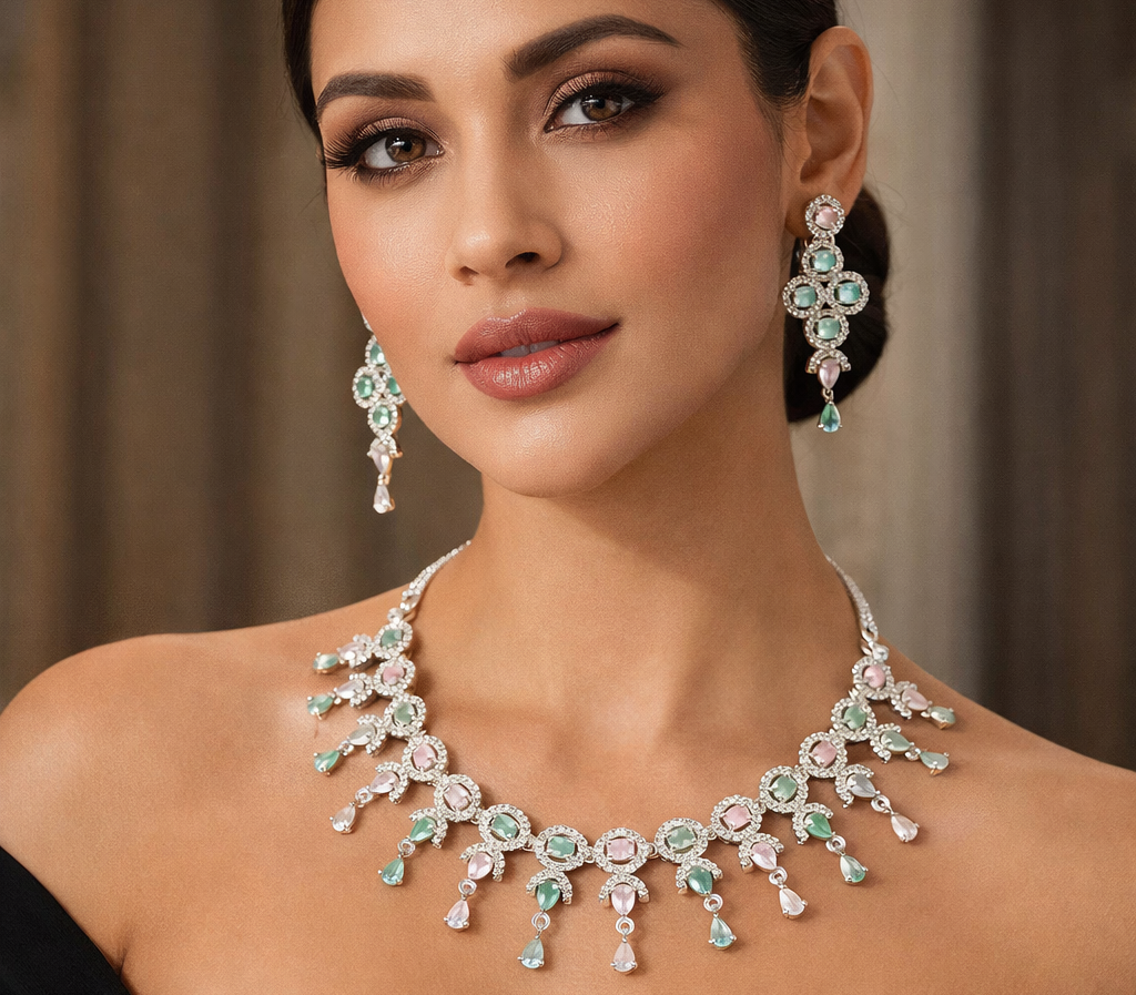 Elegant Emerald & Blush Crystal Bridal Necklace Set with Earrings & Maang Tikka – Premium Luxury Collection