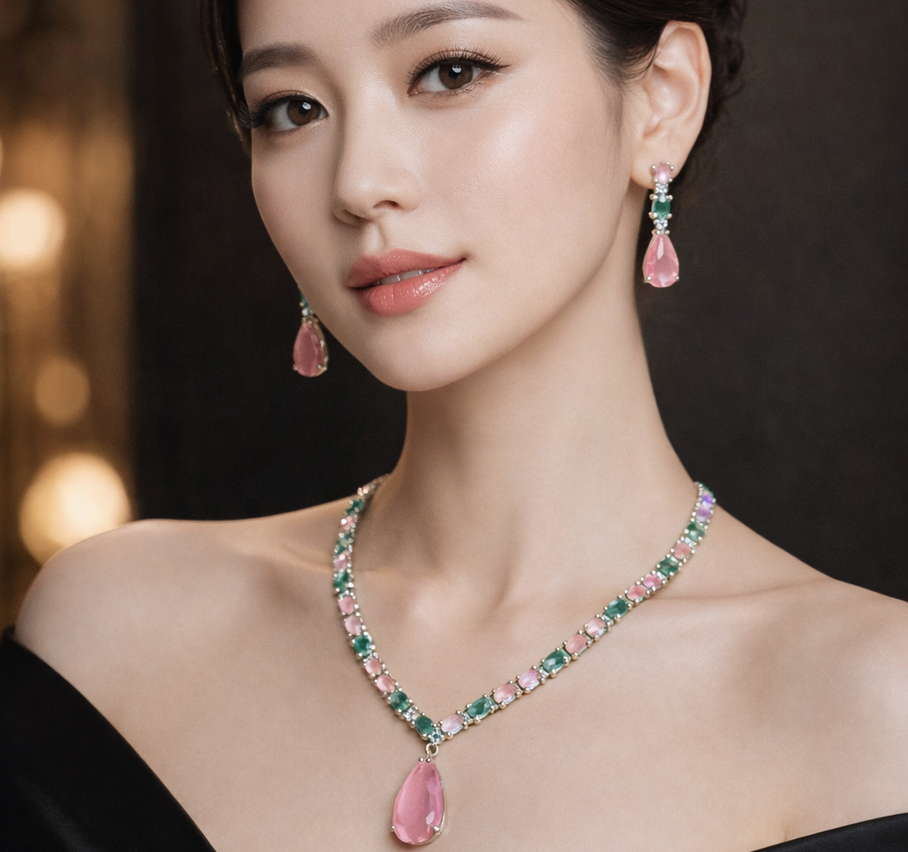 Luxury Pink & Green Gemstone Necklace Set with Drop Earrings