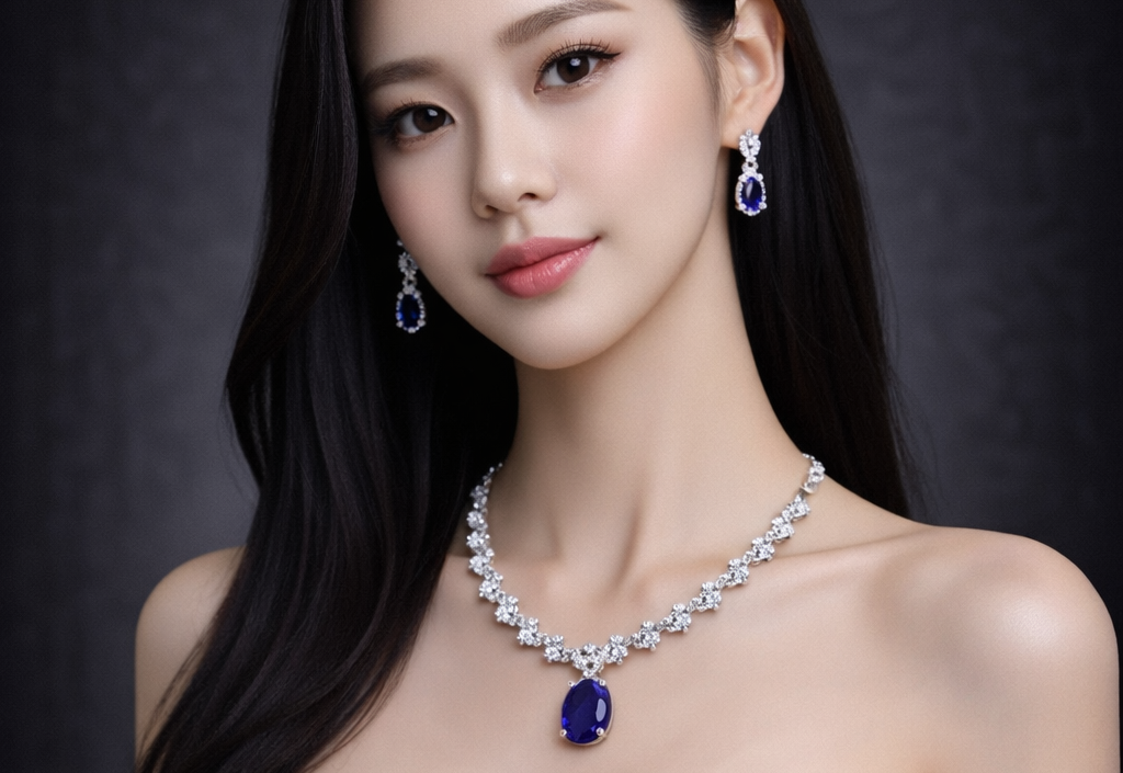 Royal Blue Sapphire Diamond Necklace & Earring Set