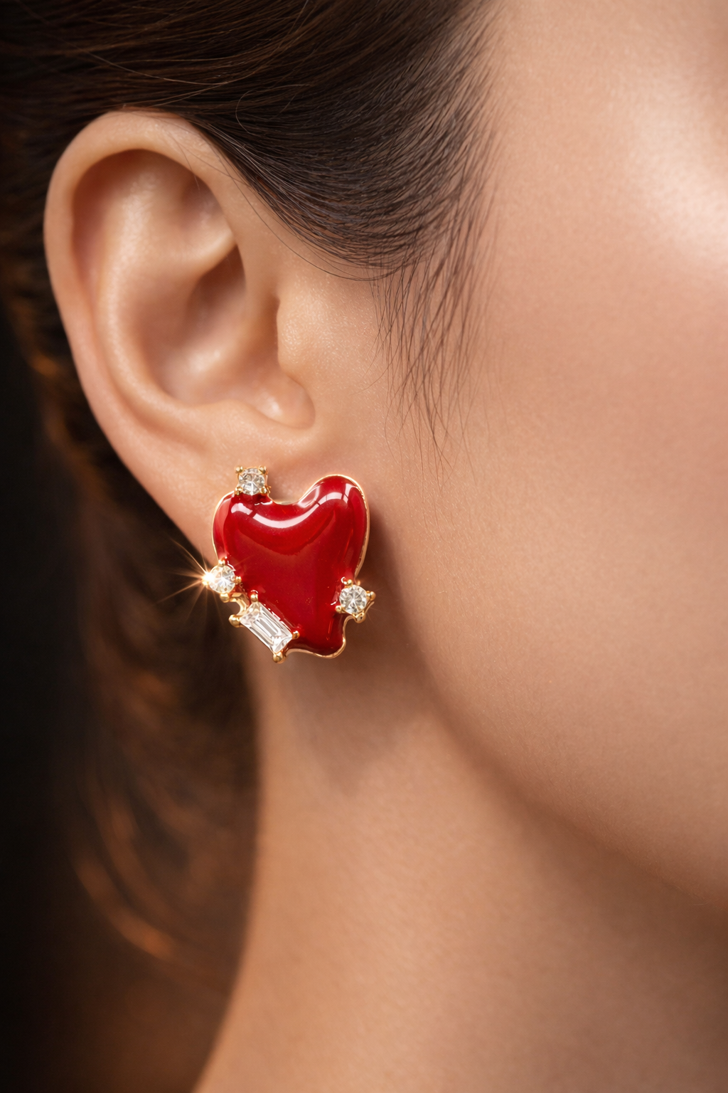 Premium Gold Plated Red Heart Stud Earrings with Crystal Sparkle