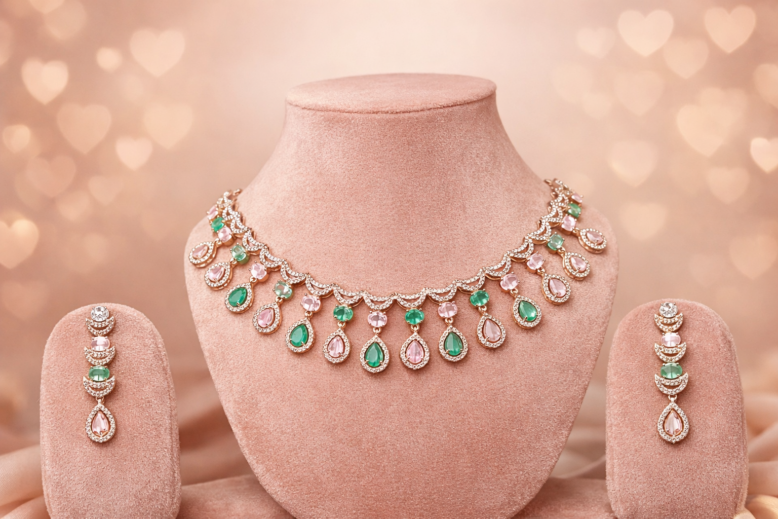 Royal Pastel Teardrop Diamond Necklace Set – Luxury Emerald & Blush Statement Jewelry