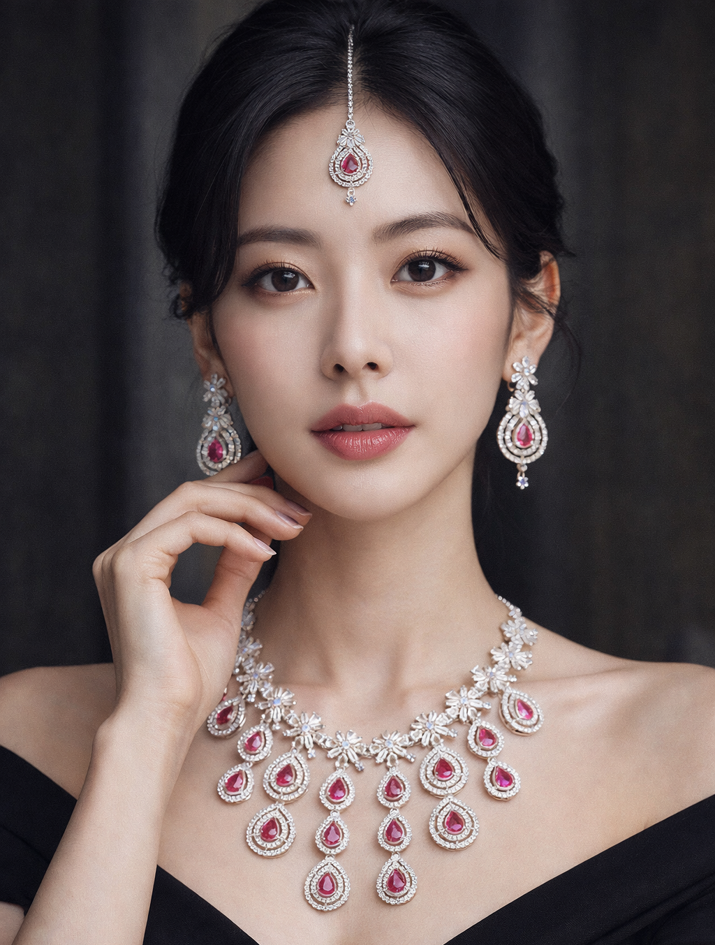 Royal Ruby Drop Bridal Necklace Set with Earrings & Maang Tikka – Premium Luxury Collection