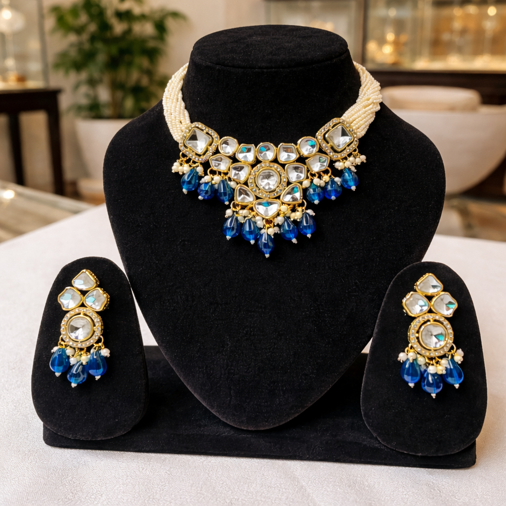 Premium Gold Tone Traditional Kundan Necklace & Earrings Set with Blue Stones