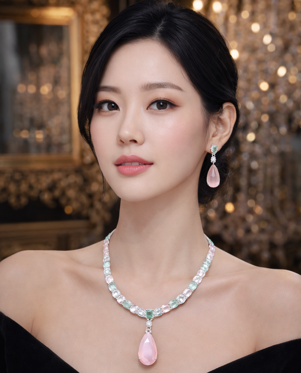 Rose Quartz & Mint Emerald Teardrop Necklace Set – Luxury Korean-Inspired Elegance