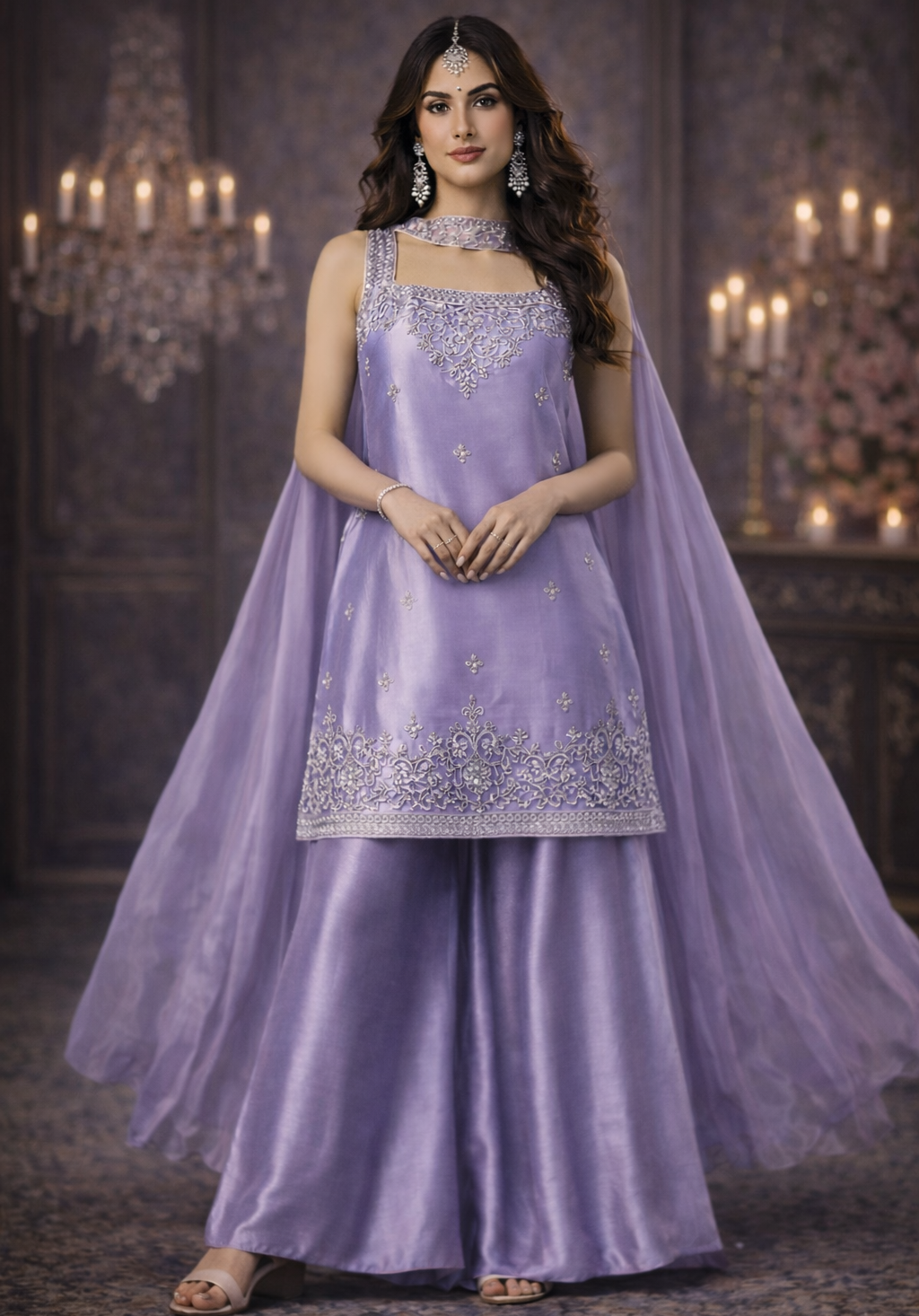 Lavender Designer Palazzo Set with Net Dupatta