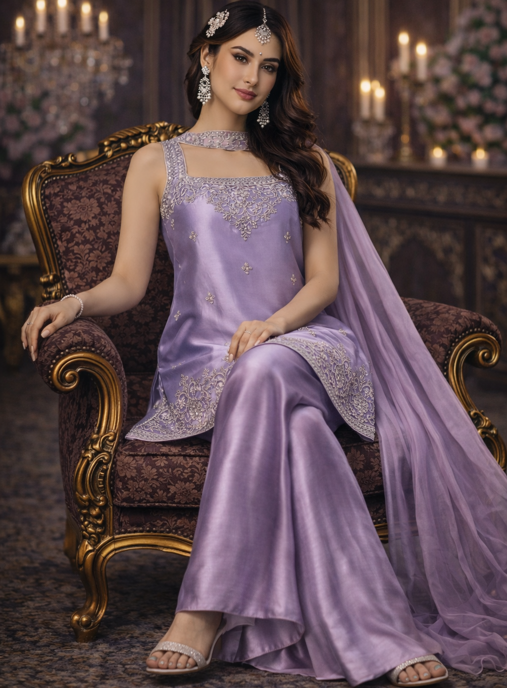 Lavender Designer Palazzo Set with Net Dupatta