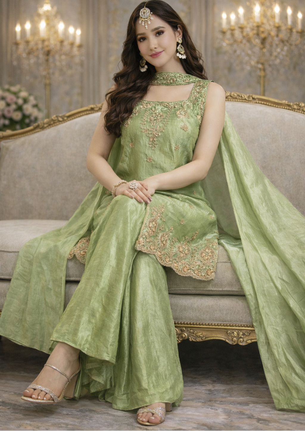 Pistachio Green Designer Palazzo Set with Organza Dupatta