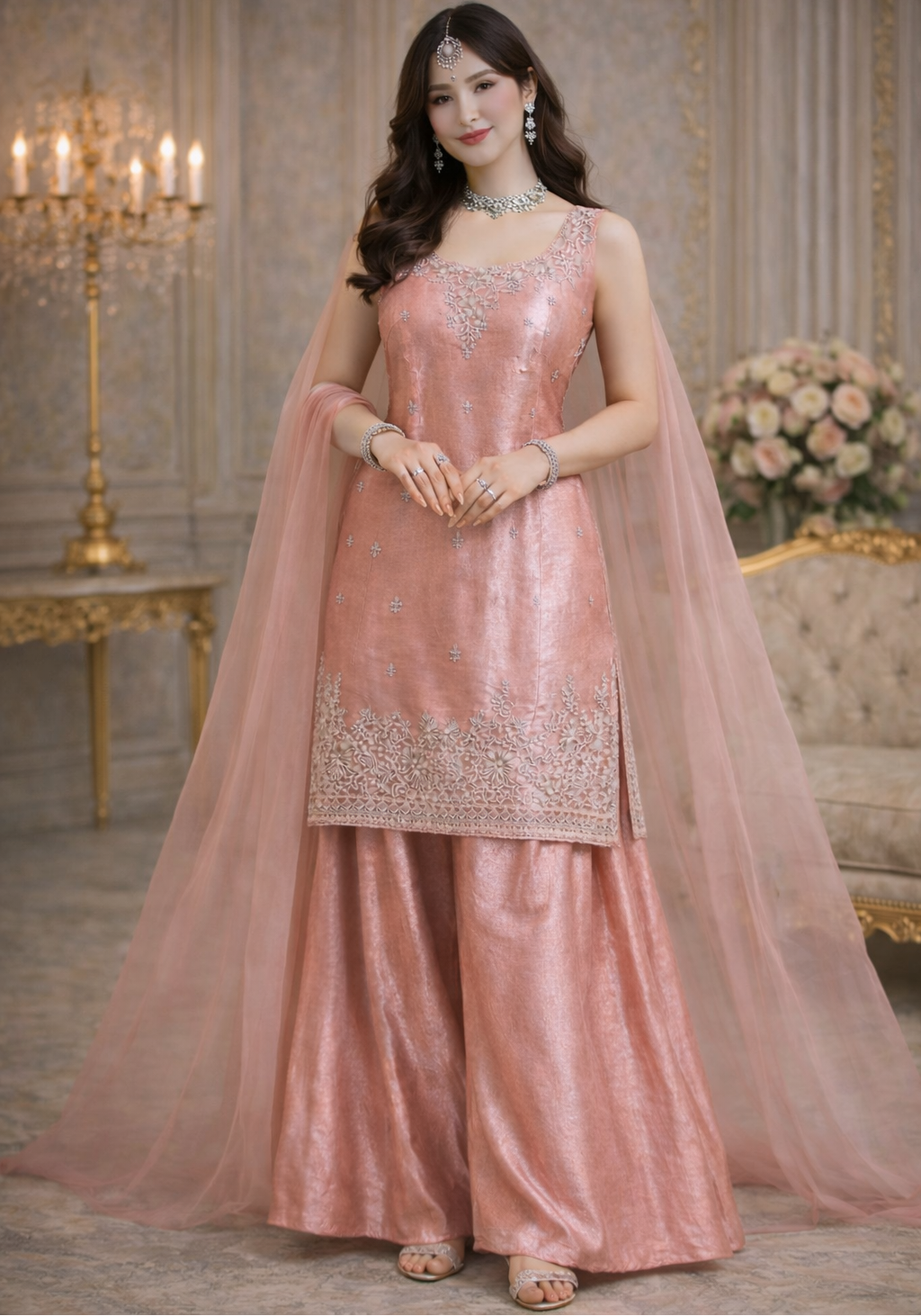 Blush Pink Designer Palazzo Set with Net Dupatta