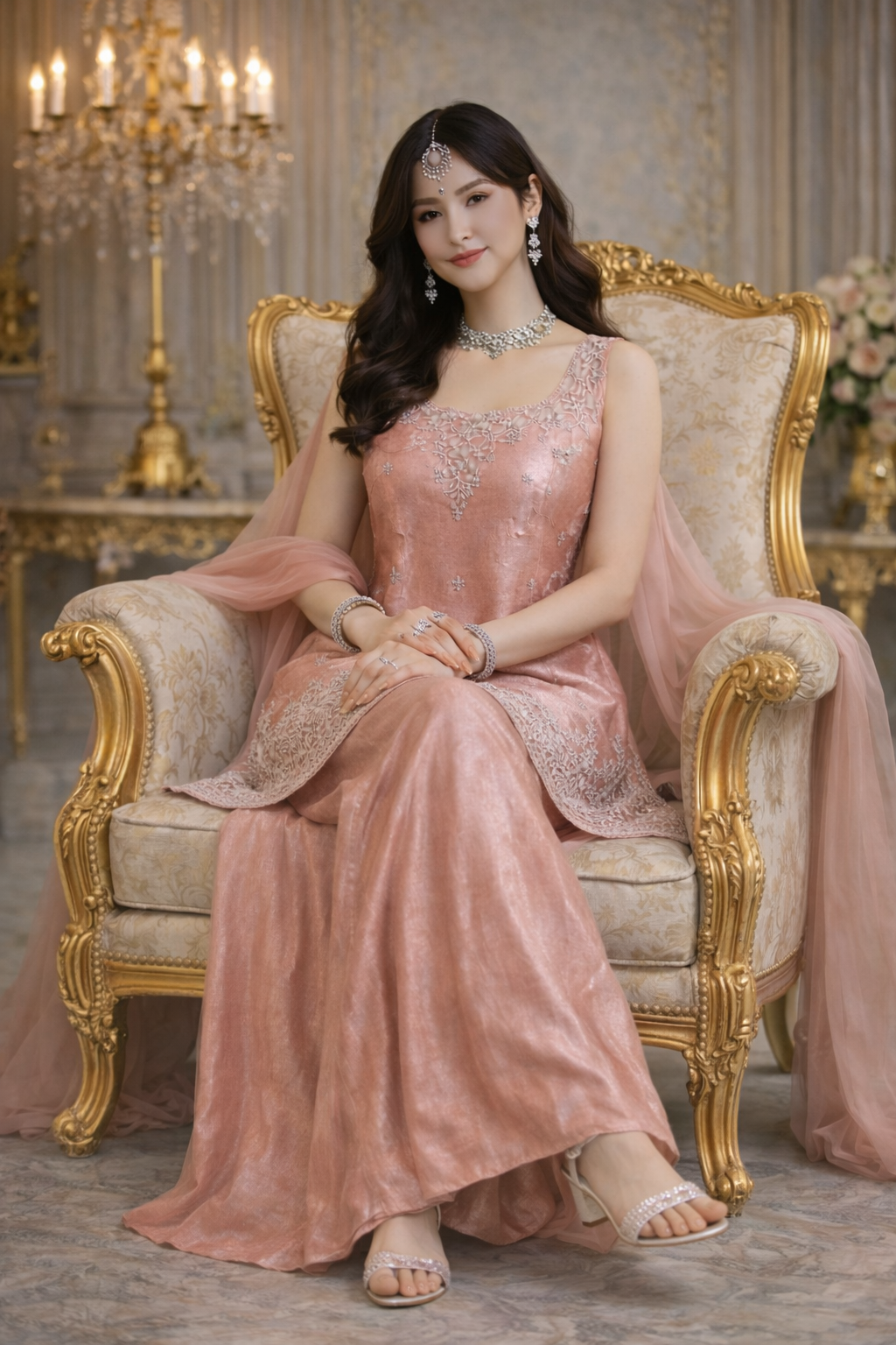 Blush Pink Designer Palazzo Set with Net Dupatta