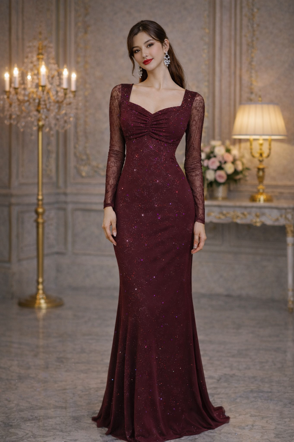 Wine Shimmer Starlight Lace Sleeve Evening Gown