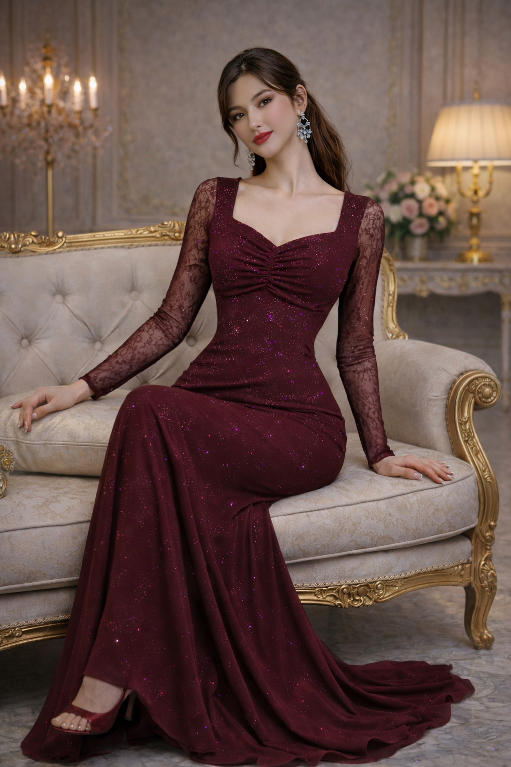 Wine Shimmer Starlight Lace Sleeve Evening Gown