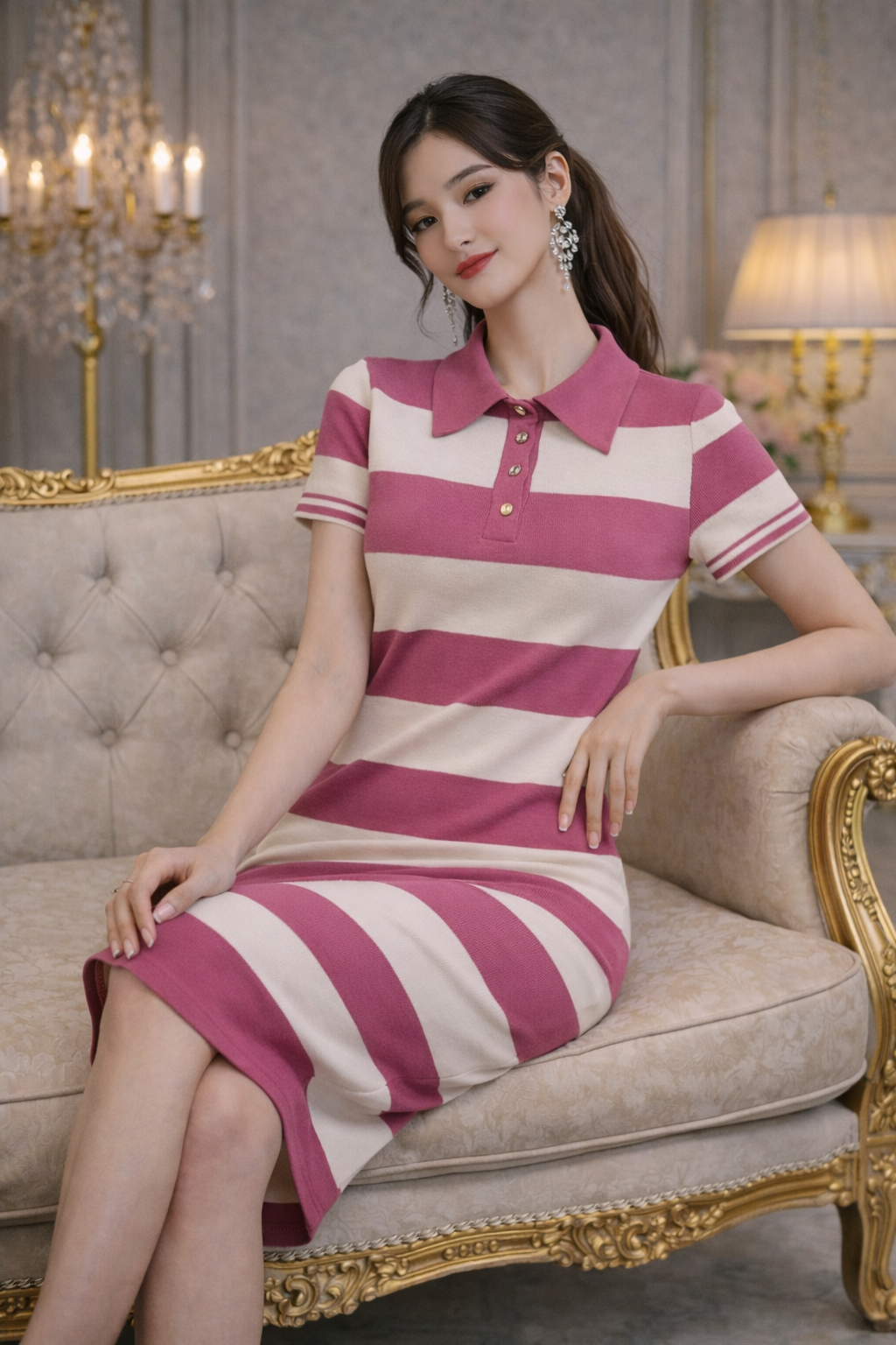 Blush Stripe Polo Knit Midi Dress