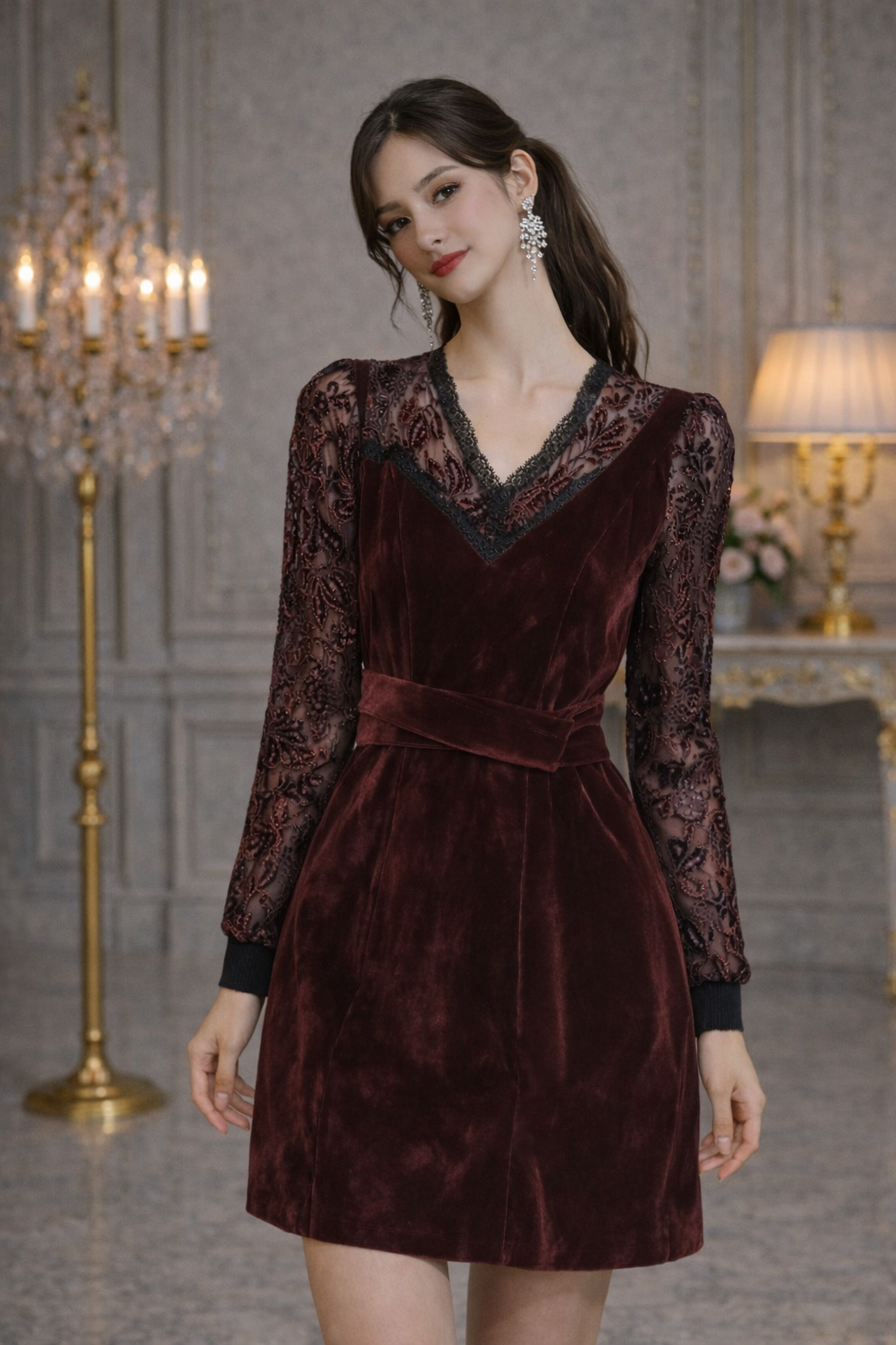Wine Velvet Lace Sleeve Party Dress